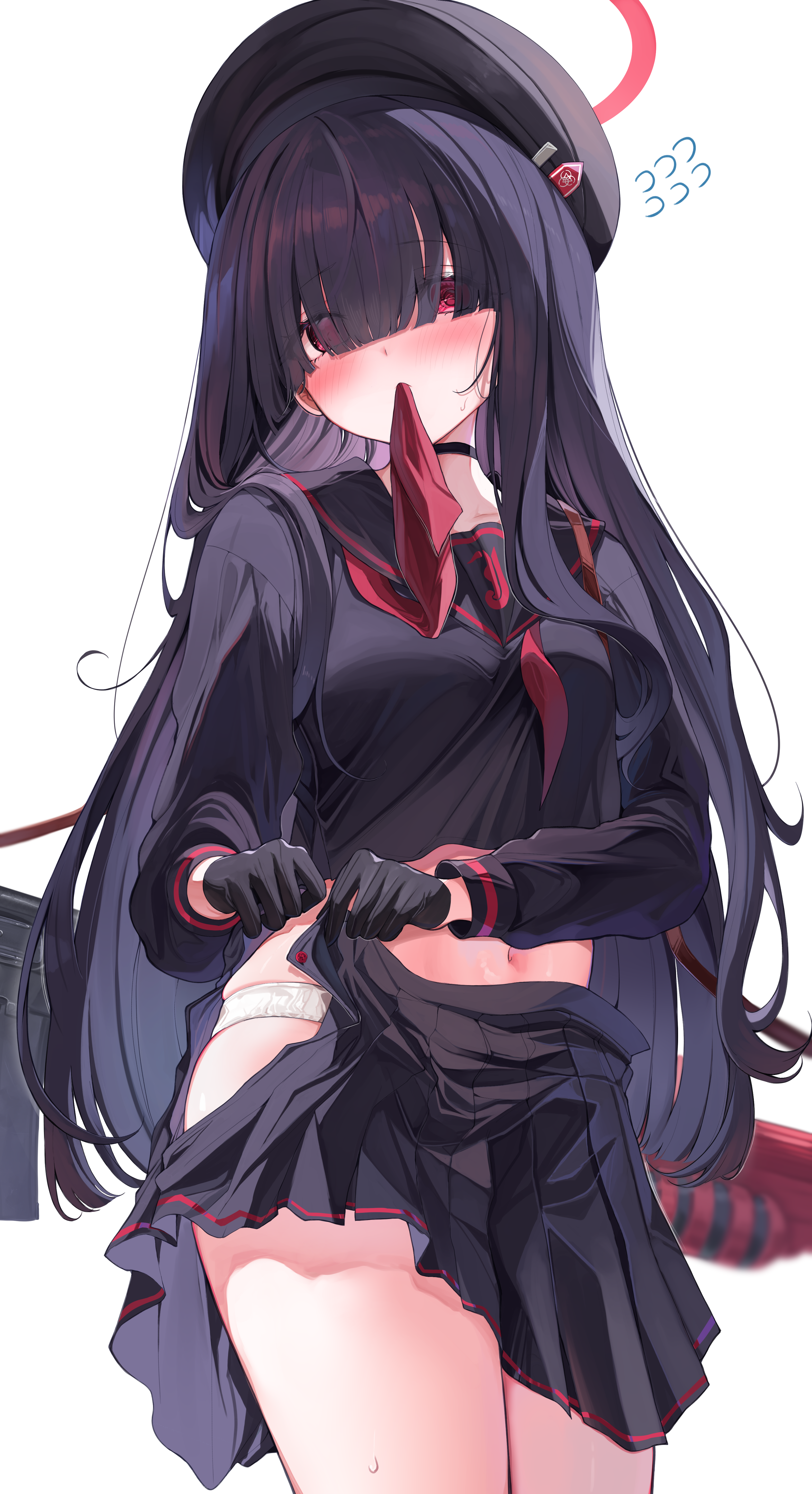 Anime 3159x5809 anime anime girls Blue Archive portrait display gloves skirt blushing choker panties hat school uniform red eyes hair covering eyes thighs undressing belly belly button