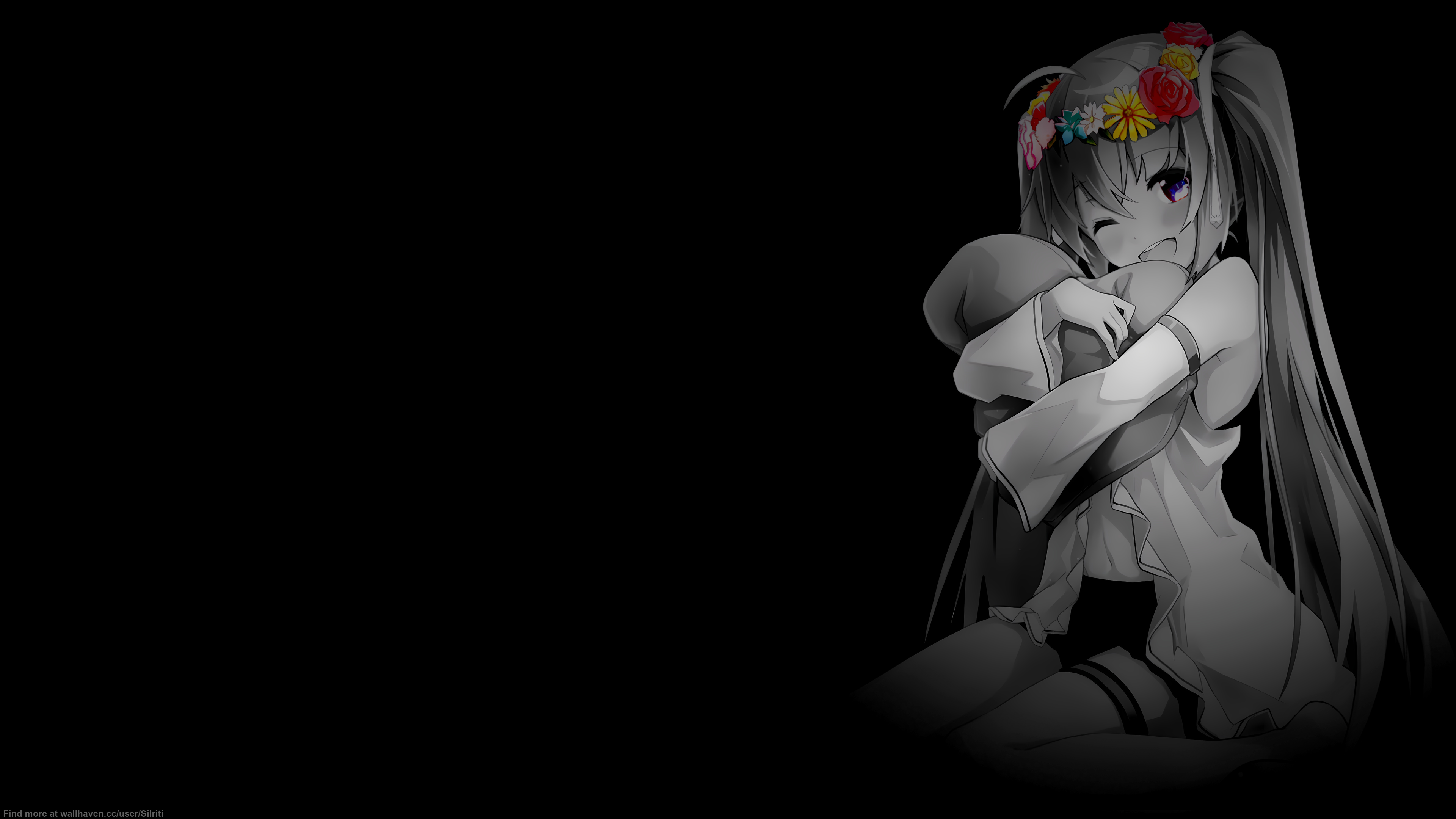 Anime 3840x2160 anime girls black background dark background simple background selective coloring flower in hair minimalism one eye closed twintails