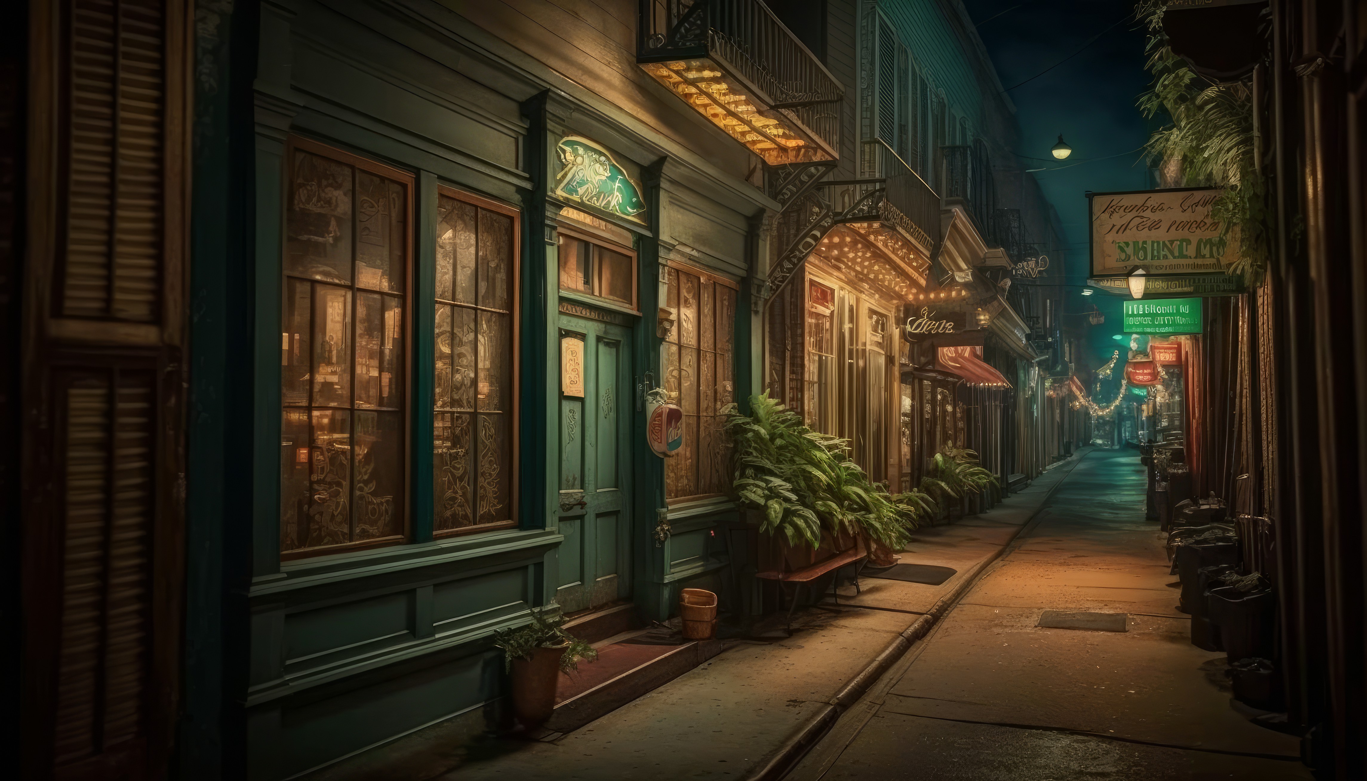 General 4579x2616 AI art city alleyway New Orleans night architecture building street light plants