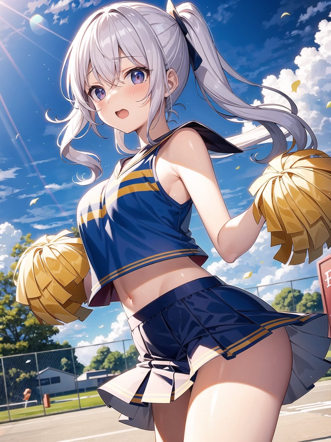 Anime 1080x1440 anime girls AI art portrait display cheerleaders belly button skirt blushing sunlight clouds sky thighs legs petals twintails looking at viewer