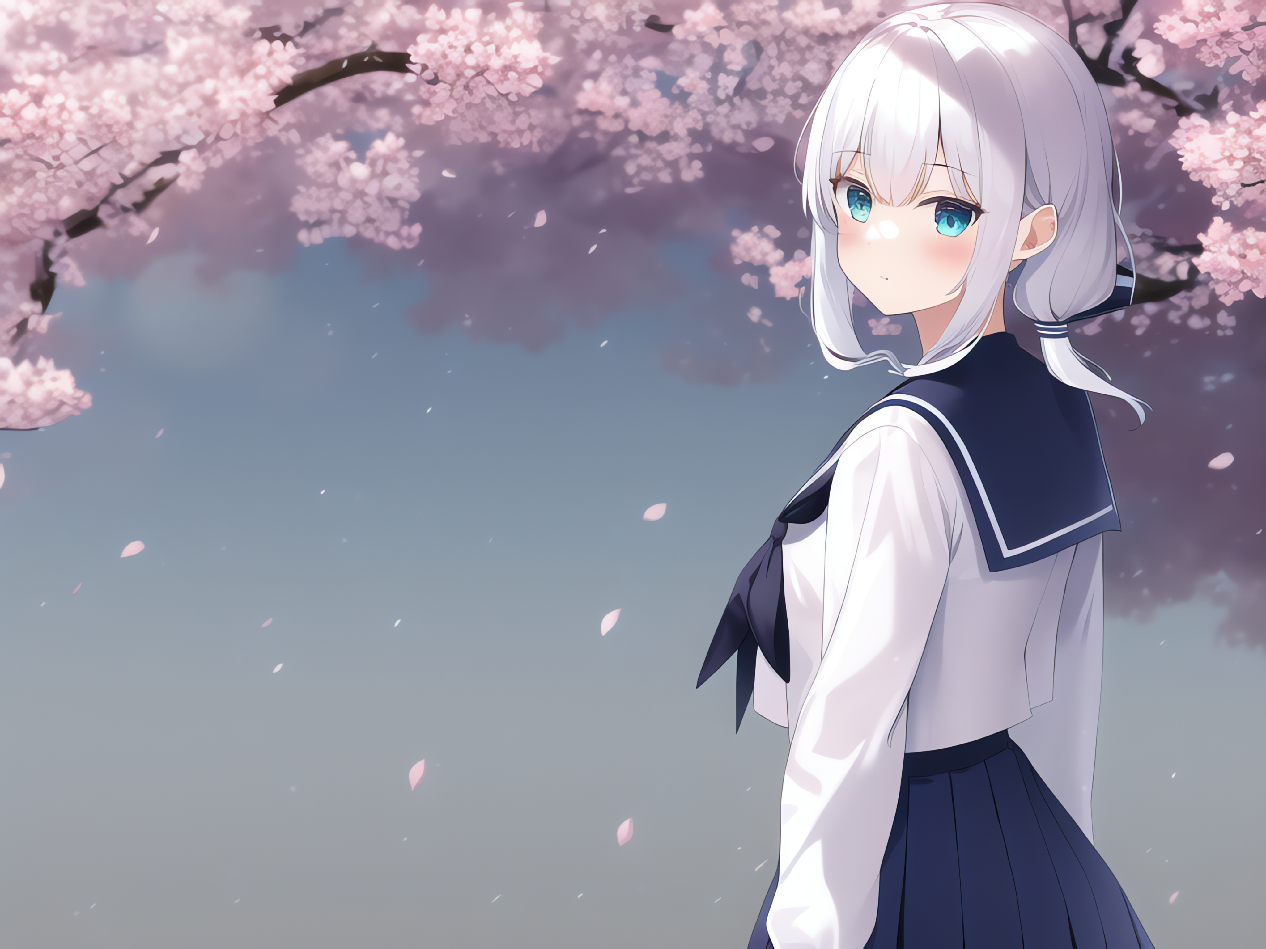 Anime 4096x3072 AI art anime girls schoolgirl school uniform cherry trees flowers petals looking at viewer simple background blushing