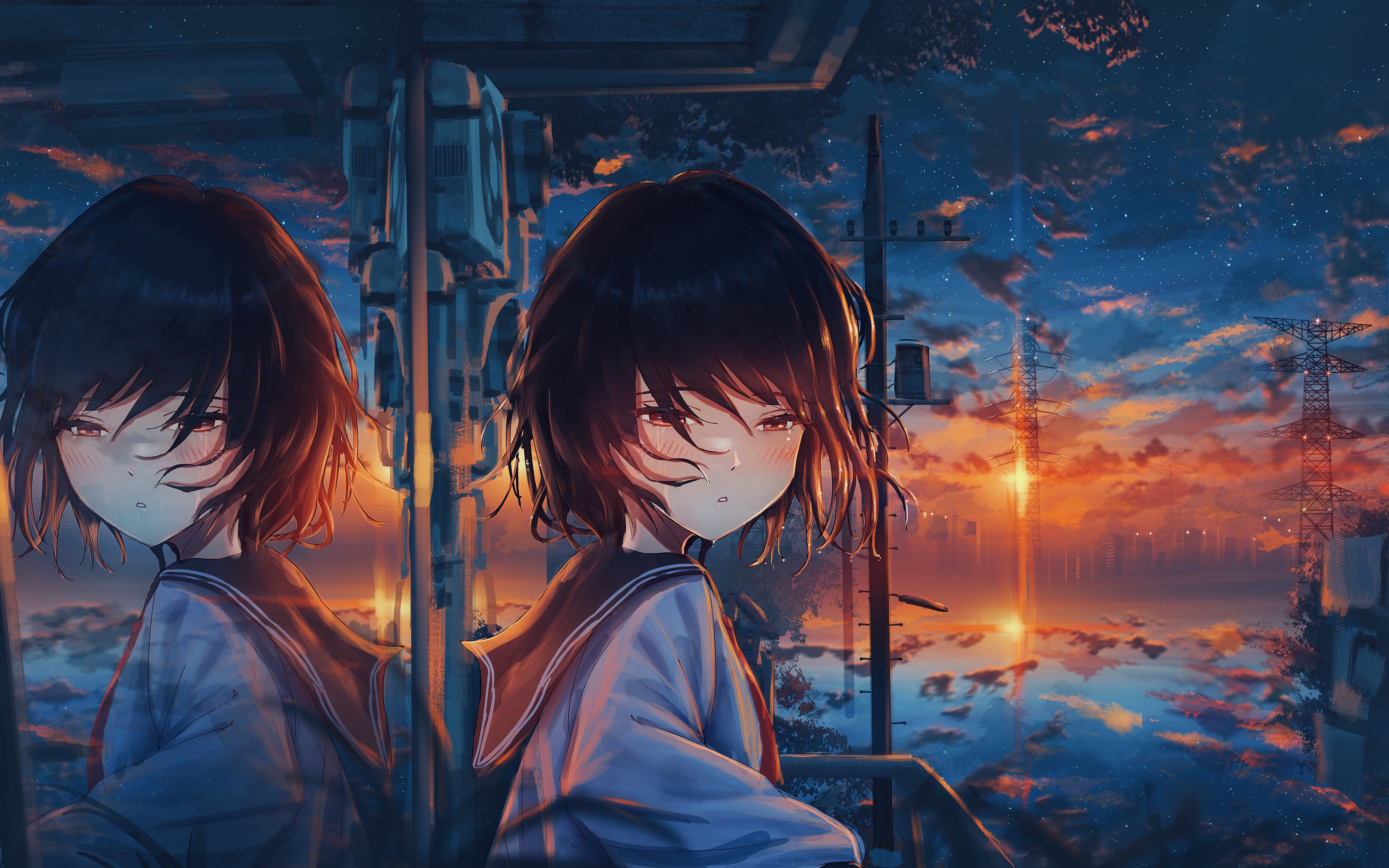 Anime 4000x2500 Kenzo 093 anime girls original characters sky looking at viewer city brunette brown eyes schoolgirl school uniform clouds sunset glow sunset reflection building utility pole stars starry night crying tears window mirror short hair blushing