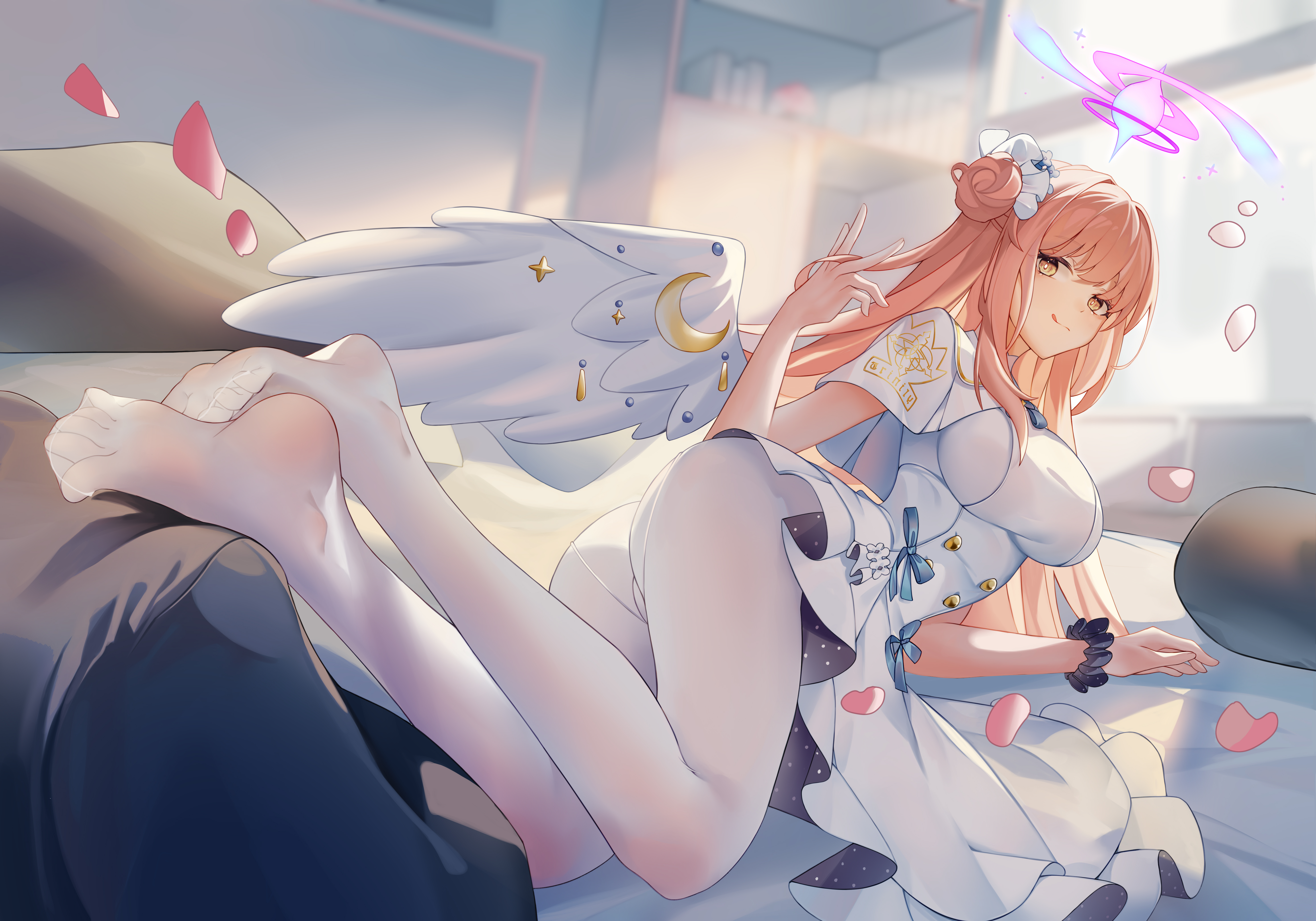 Anime 5906x4134 anime girls video games Shi Le Yuan Blue Archive Misono Mika dress pants pantyhose redhead feet wings petals lying on front nurses nurse outfit big boobs tongue out hairbun ass looking at viewer