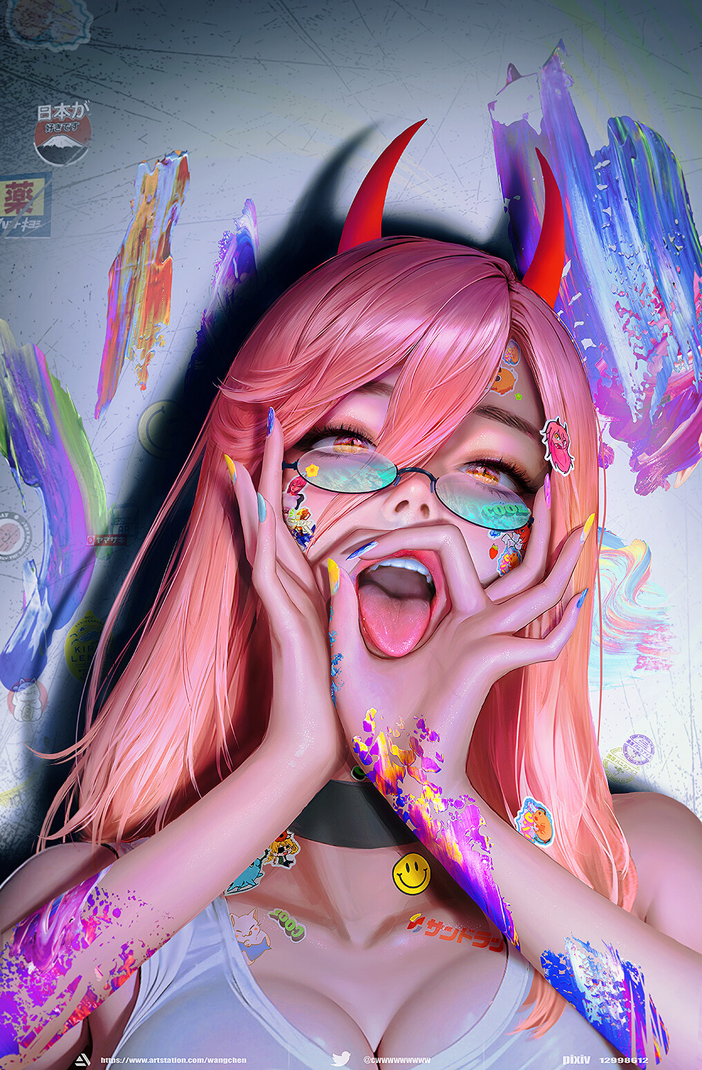 Anime 1016x1549 women pink hair tongue out colorful glasses suggestive anime girls open mouth drawing hand gesture portrait display looking at viewer Power (Chainsaw Man) cleavage horns Chainsaw Man body paint choker Chen Wang