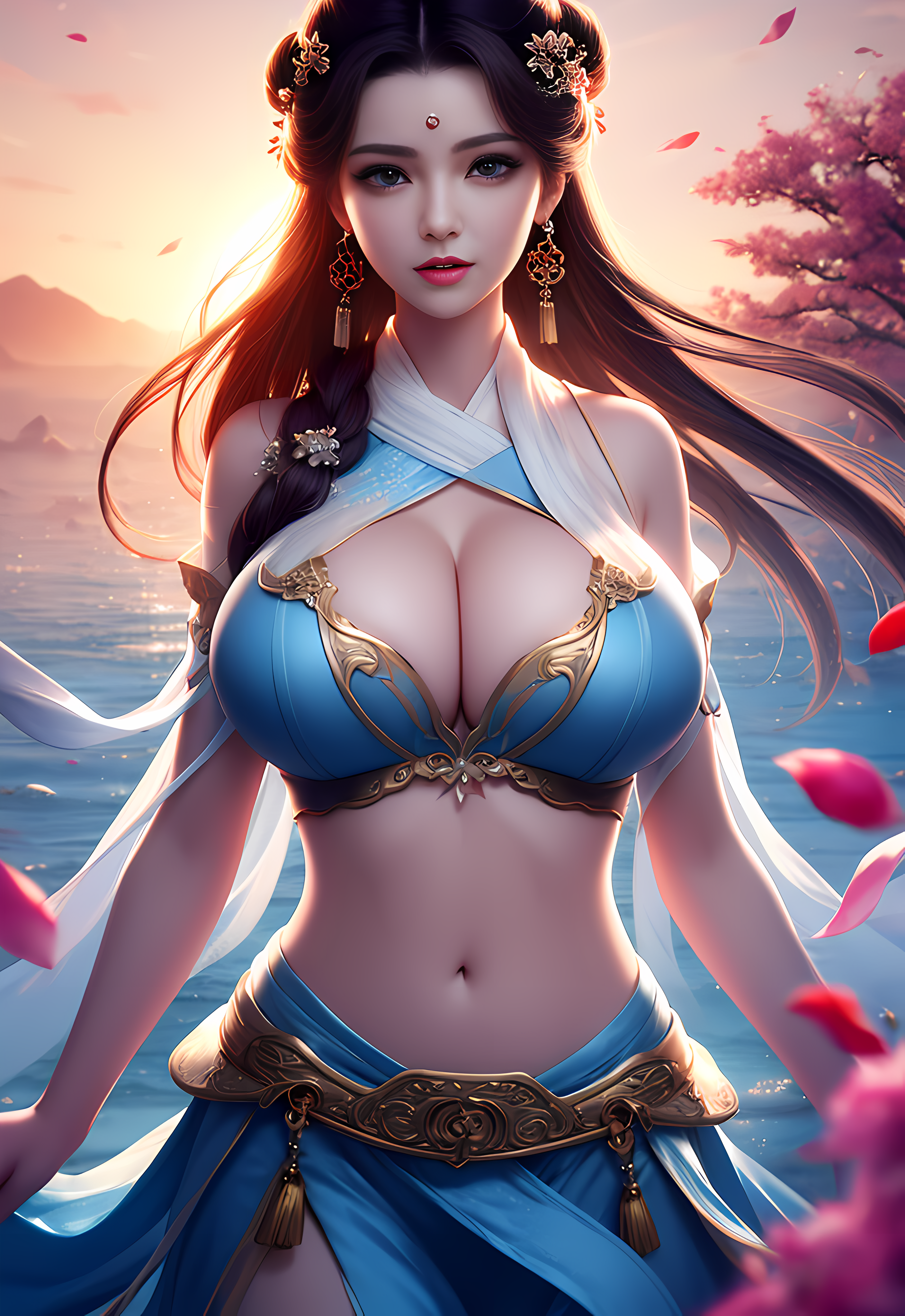 General 2816x4096 women Asian AI art Stable Diffusion brunette cleavage fantasy girl artwork digital art Pastania portrait display belly belly button big boobs petals looking at viewer sunset glow earring