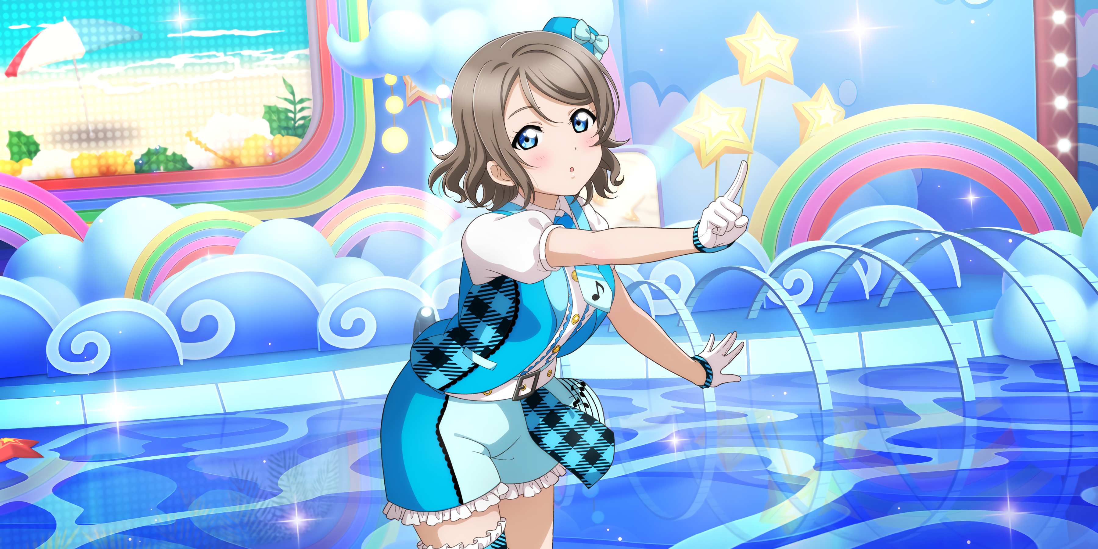 Anime 3600x1800 Watanabe You Love Live! Sunshine Love Live! anime anime girls gloves uniform rainbows stages stars hat