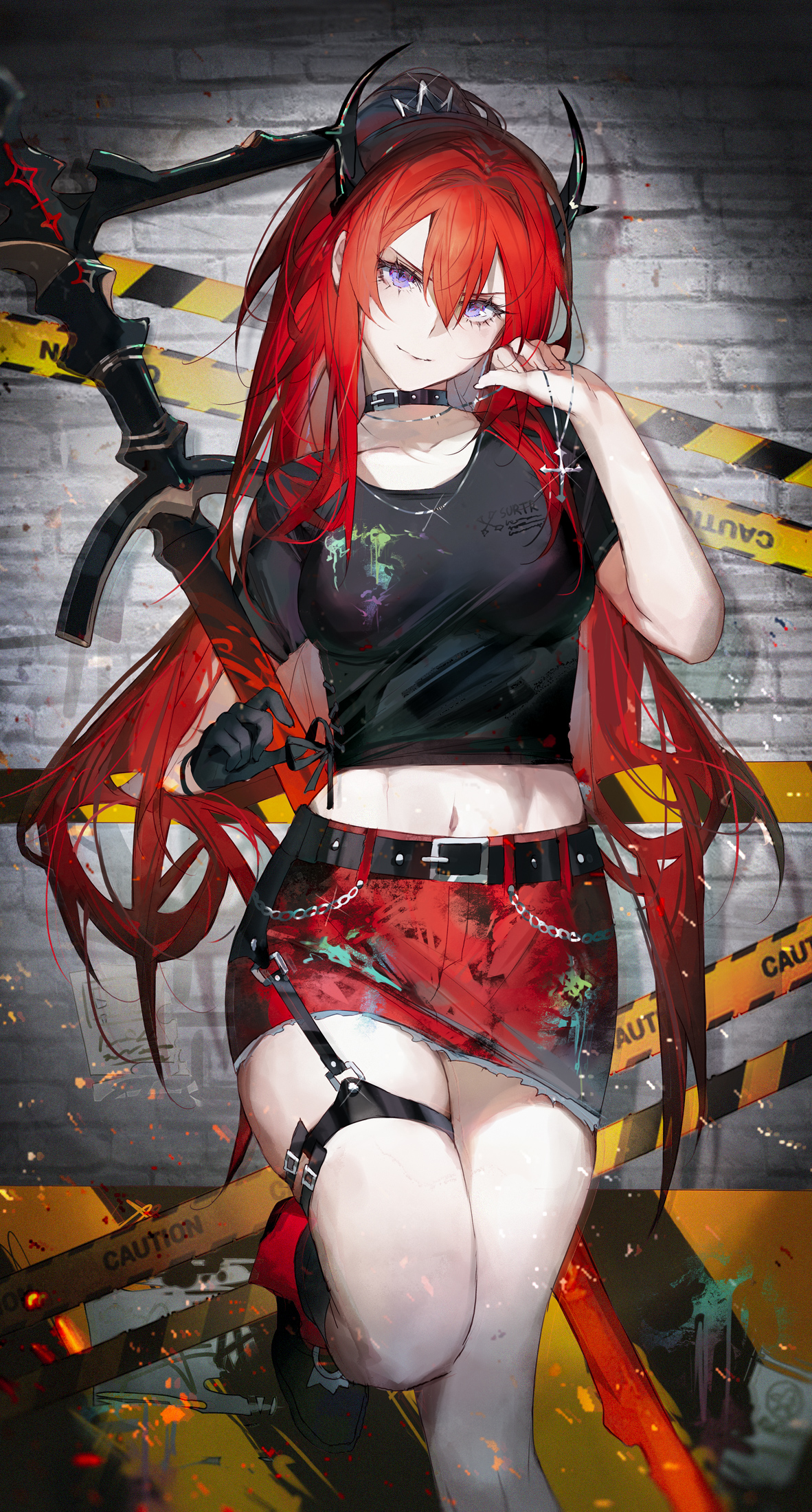 Anime 1182x2200 anime anime girls Arknights redhead horns thighs looking at viewer caution belly belly button warning signs sword weapon gloves skirt Surtr (Arknights) portrait display choker