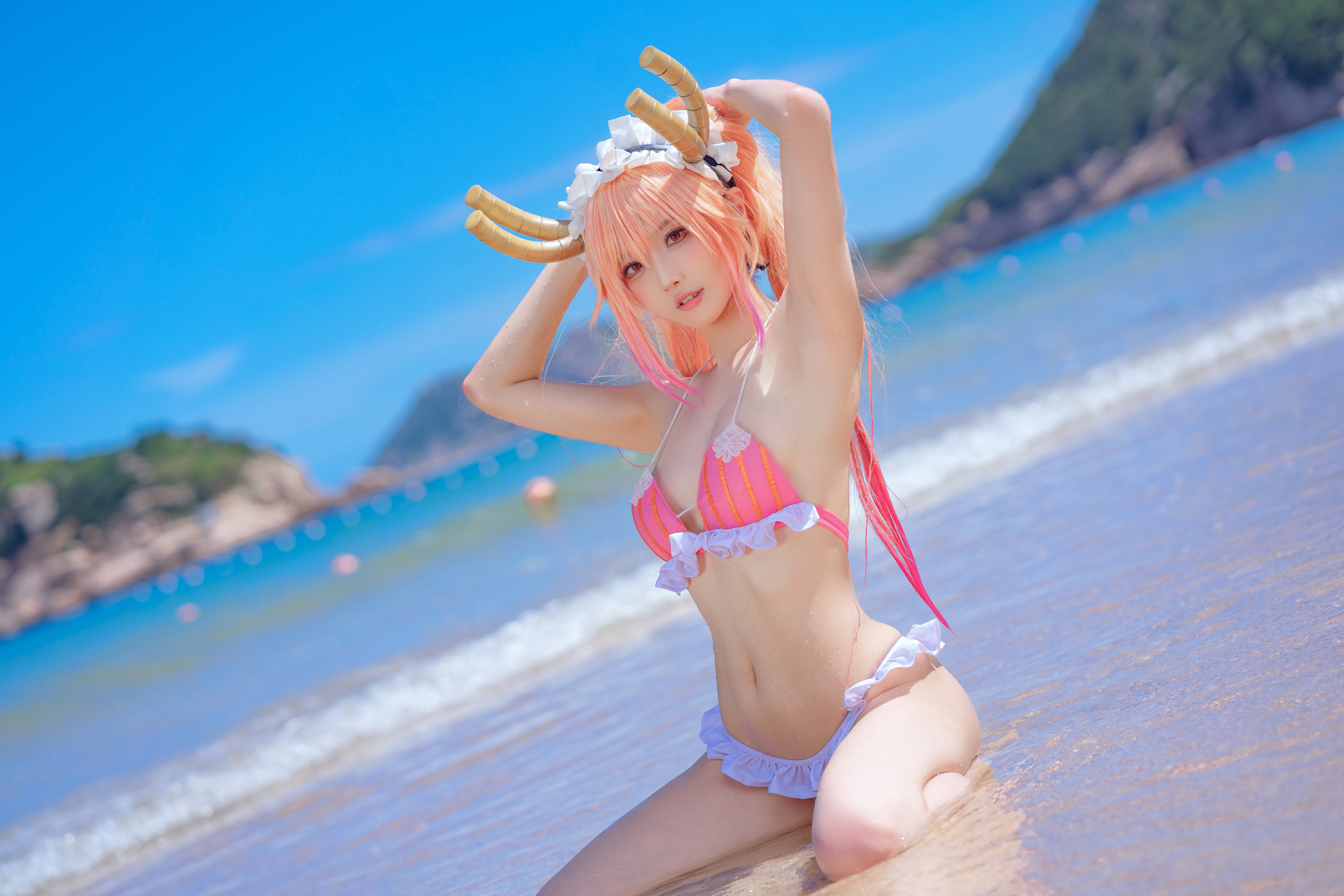 People 5760x3842 women model Asian cosplay Tohru (Kobayashi-san Chi no Maid Dragon) Kobayashi-san Chi no Maid Dragon bikini anime anime girls beach women outdoors twintails women on beach Abaoyeshitunia belly armpits