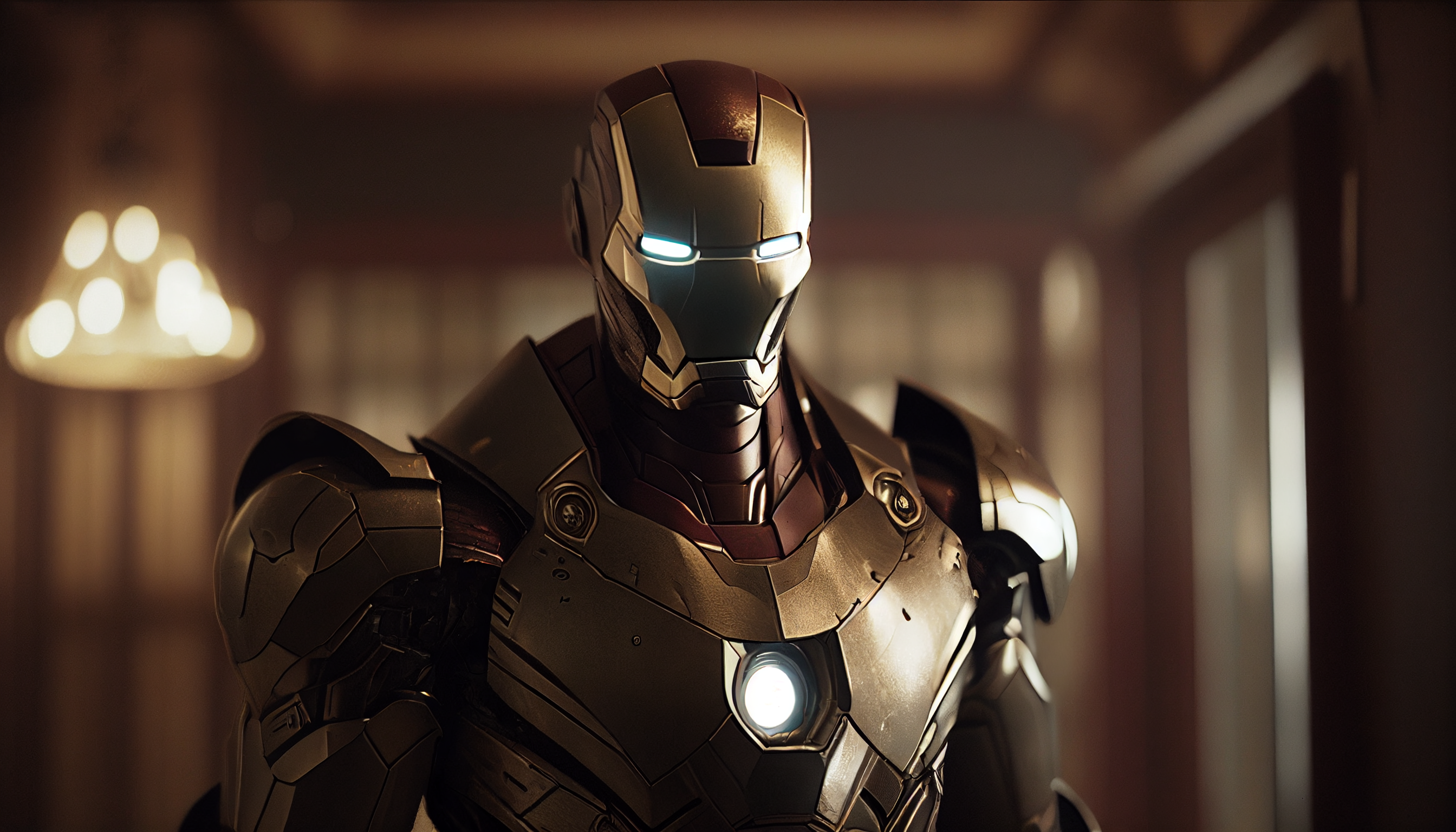 General 2688x1536 Iron Man superhero glowing eyes indoors metal armor