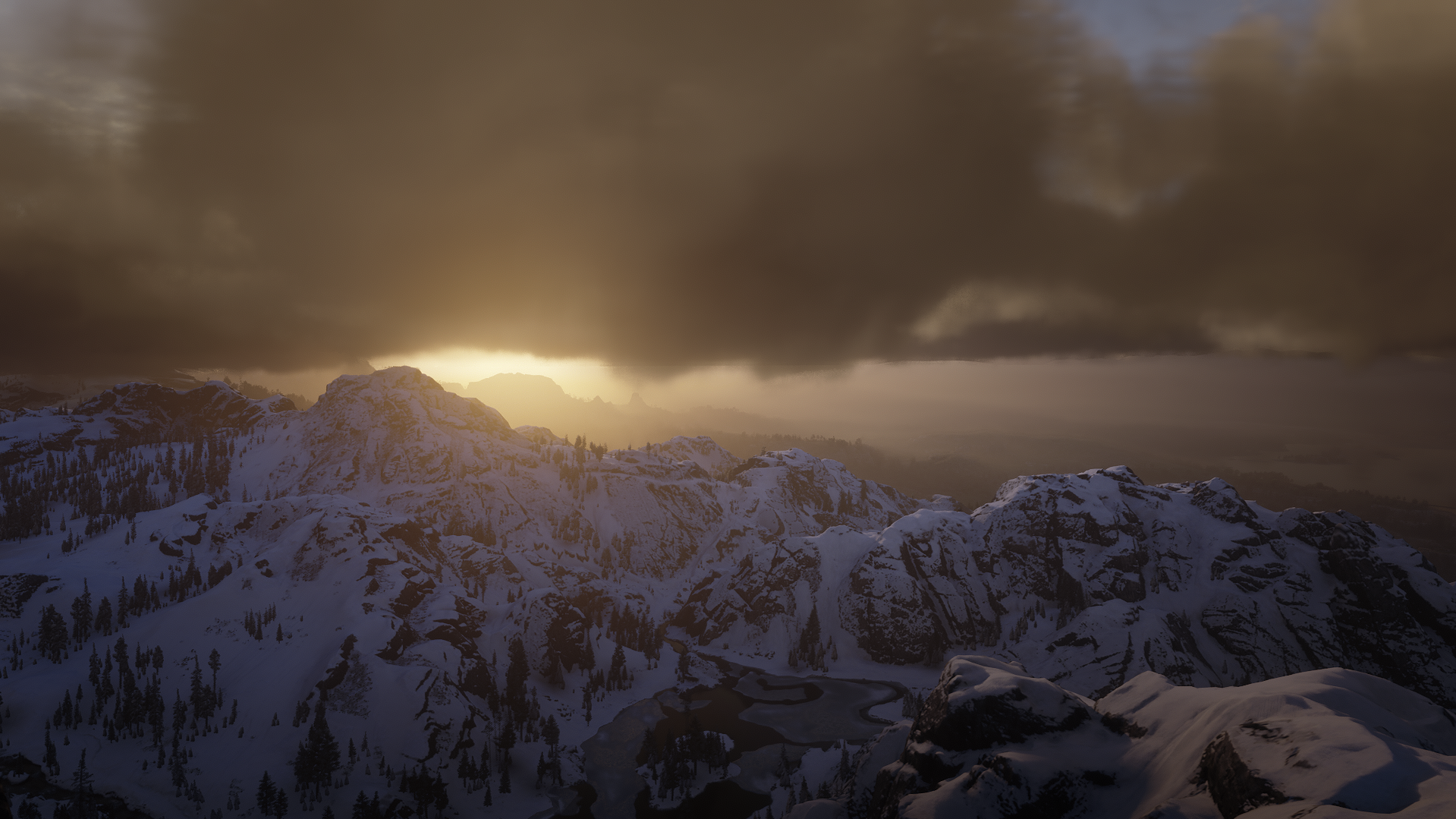 General 1919x1079 Red Dead Redemption Red Dead Redemption 2 video game art mountain top winter yellow white video games CGI snow mountains clouds sky Rockstar Games