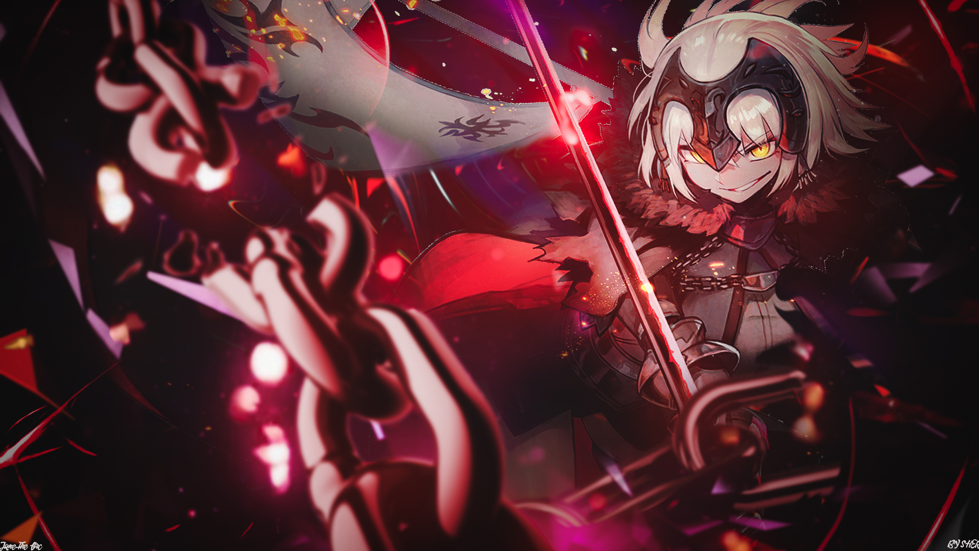 Anime 1920x1080 Fate/Apocrypha  Fate/Grand Order Jeanne (Alter) (Fate/Grand Order) anime dark Alter Ego signature armor smiling anime girls yellow eyes sword chains weapon