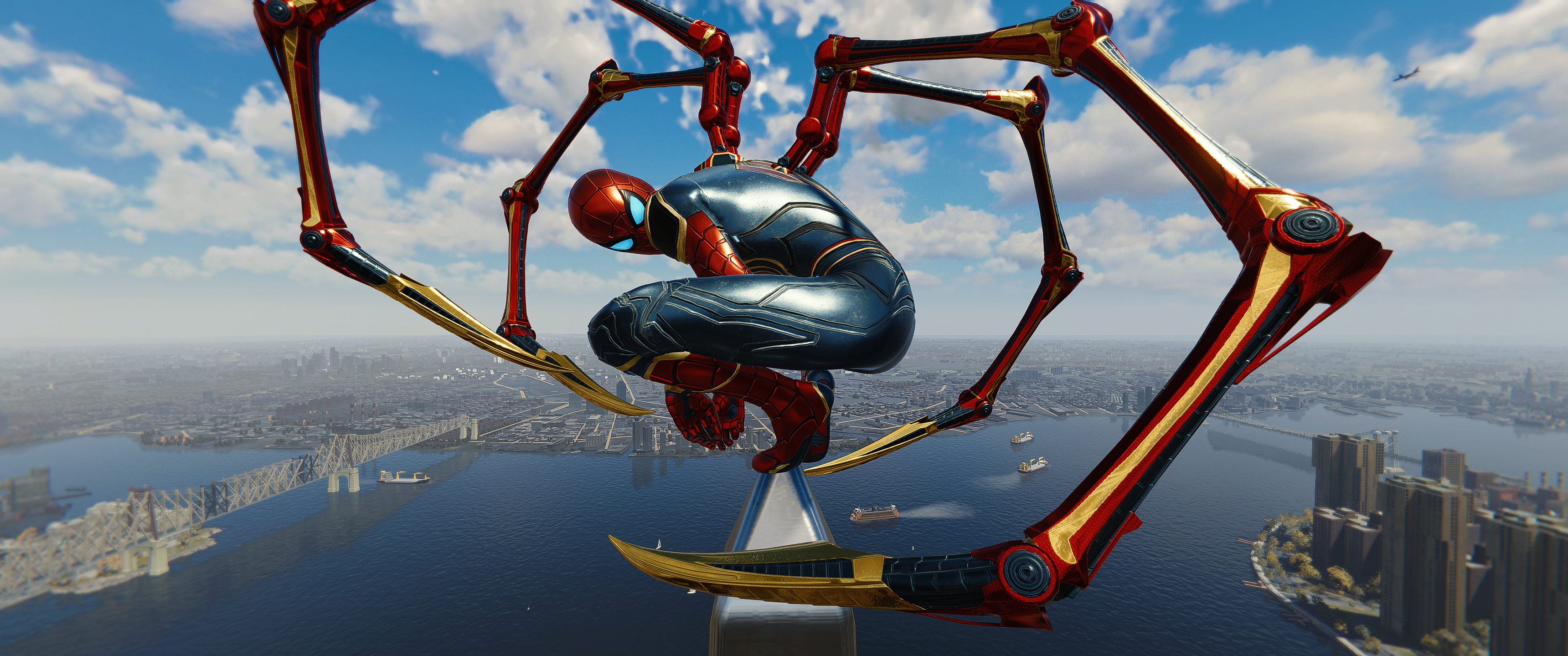 General 3440x1440 Spider-Man Remastered Spider-Man Games posters video games bodysuit clouds sky city cityscape water bridge boat superhero digital art