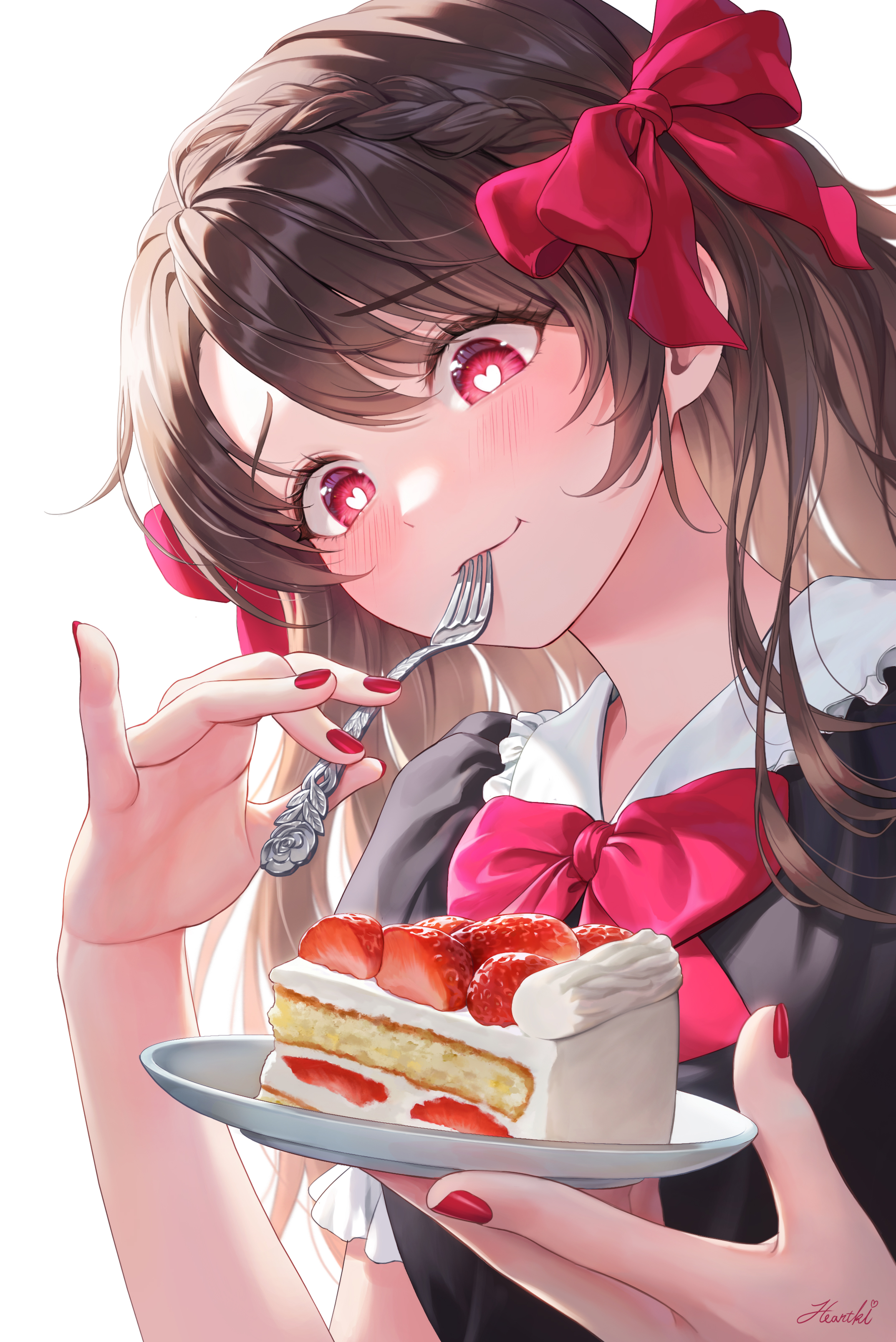Anime 2147x3215 anime ribbon fork cake nail polish heart eyes eating brunette anime girls strawberries Heartki blushing bow tie smiling sweets food