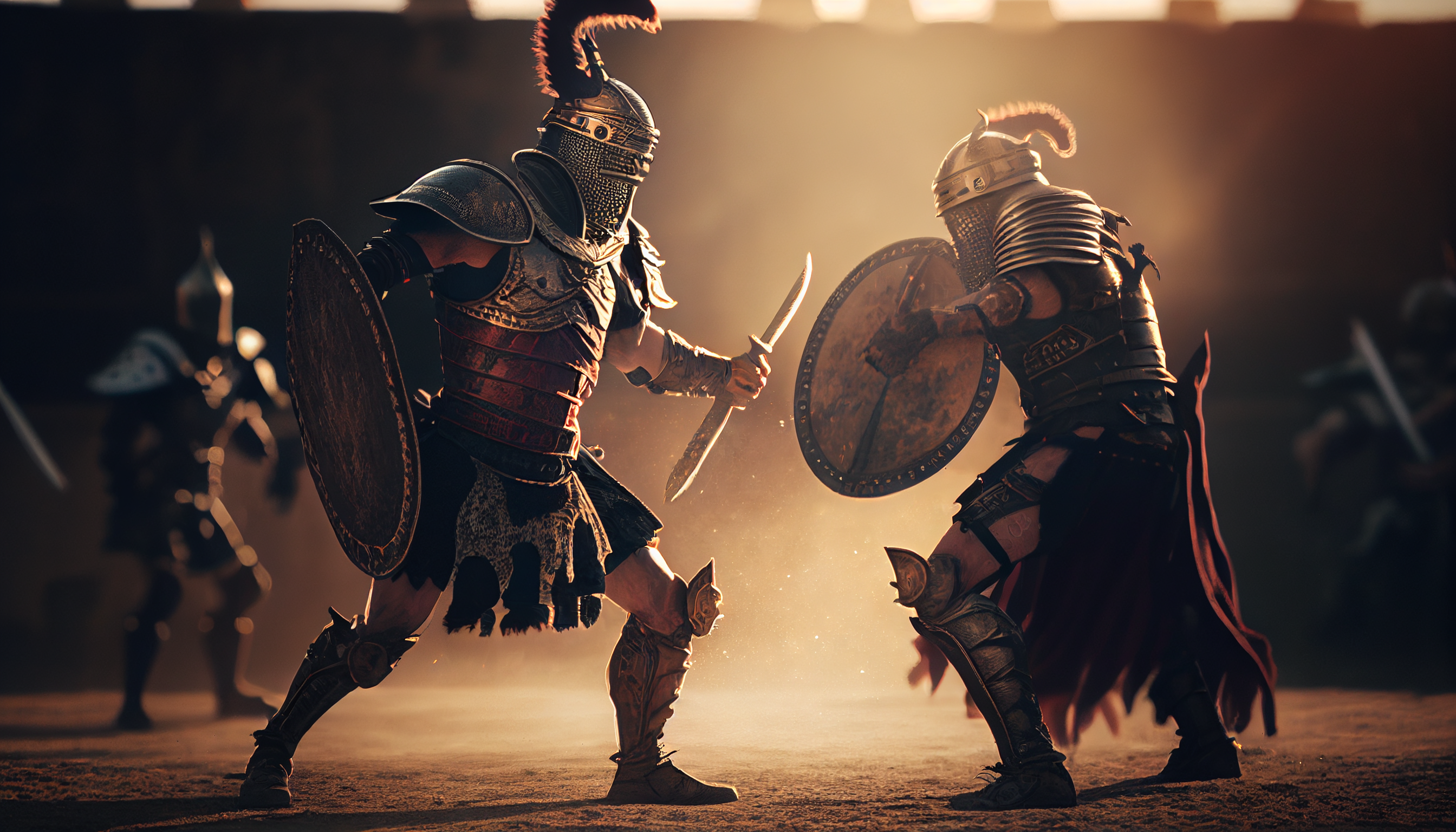 General 2688x1536 gladiators AI art shield armor weapon helmet