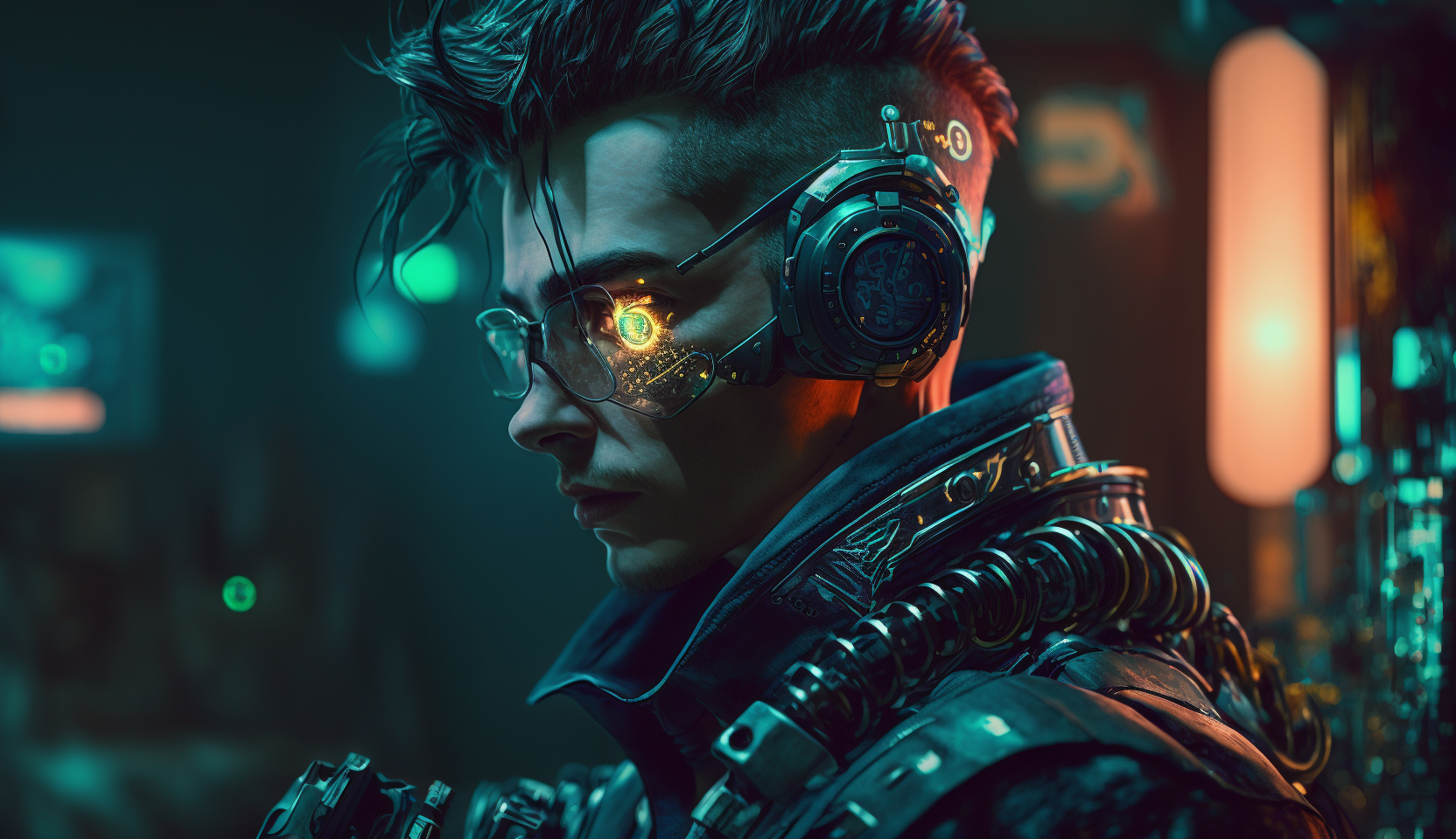 General 1664x960 cyberpunk AI art glasses lights mohawk profile