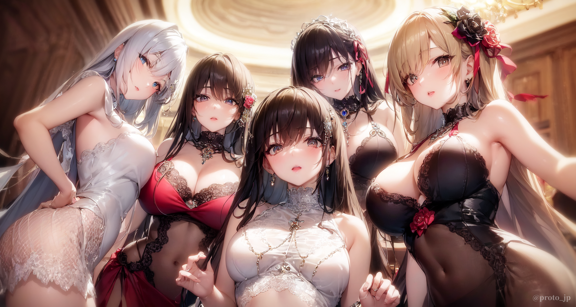 Anime 1920x1024 AI art PROTO@AiArt harem Pixiv group of women anime girls cleavage big boobs dress looking at viewer earring flower in hair jewelry long hair low-angle