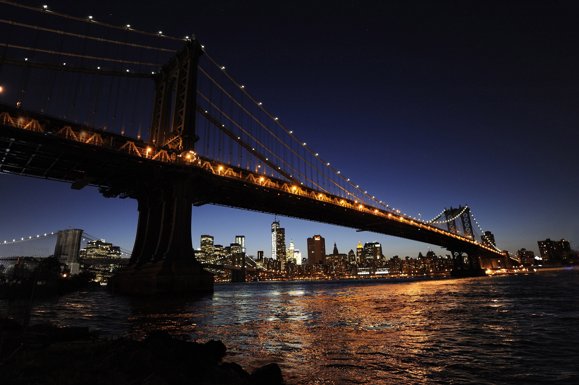 General 1920x1277 Manhattan Manhattan Bridge river night water bridge lights city city lights low light