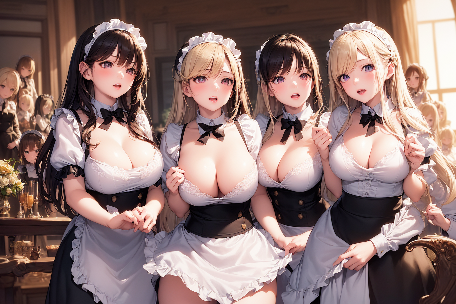 Anime 1920x1280 Pixiv AI art big boobs harem group of women line-up women quartet maid maid outfit long hair cleavage open mouth anime girls bow tie