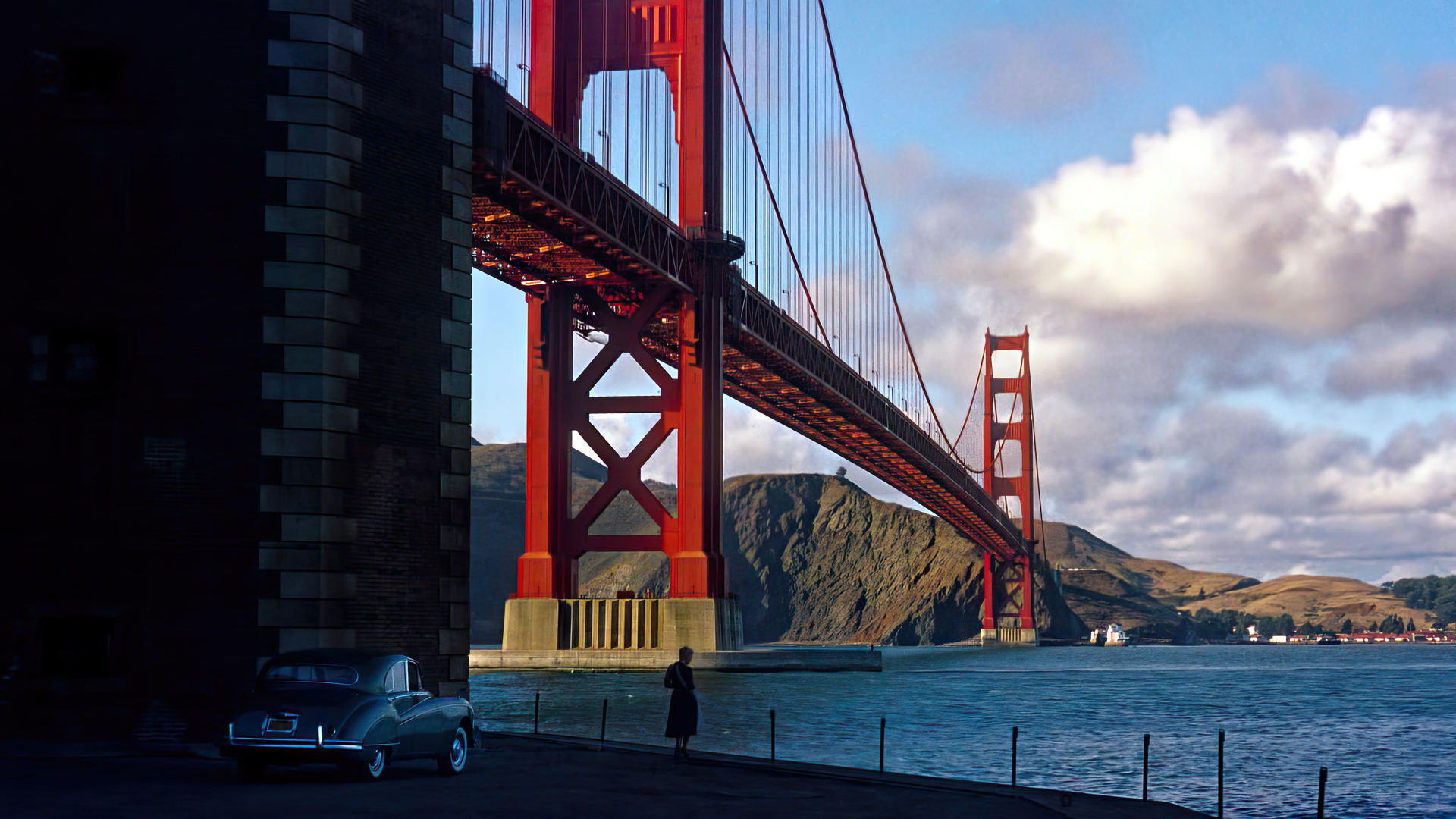 General 1920x1080 Vertigo movies film stills bridge Golden Gate Bridge San Francisco clouds sky water old car USA Alfred Hitchcock