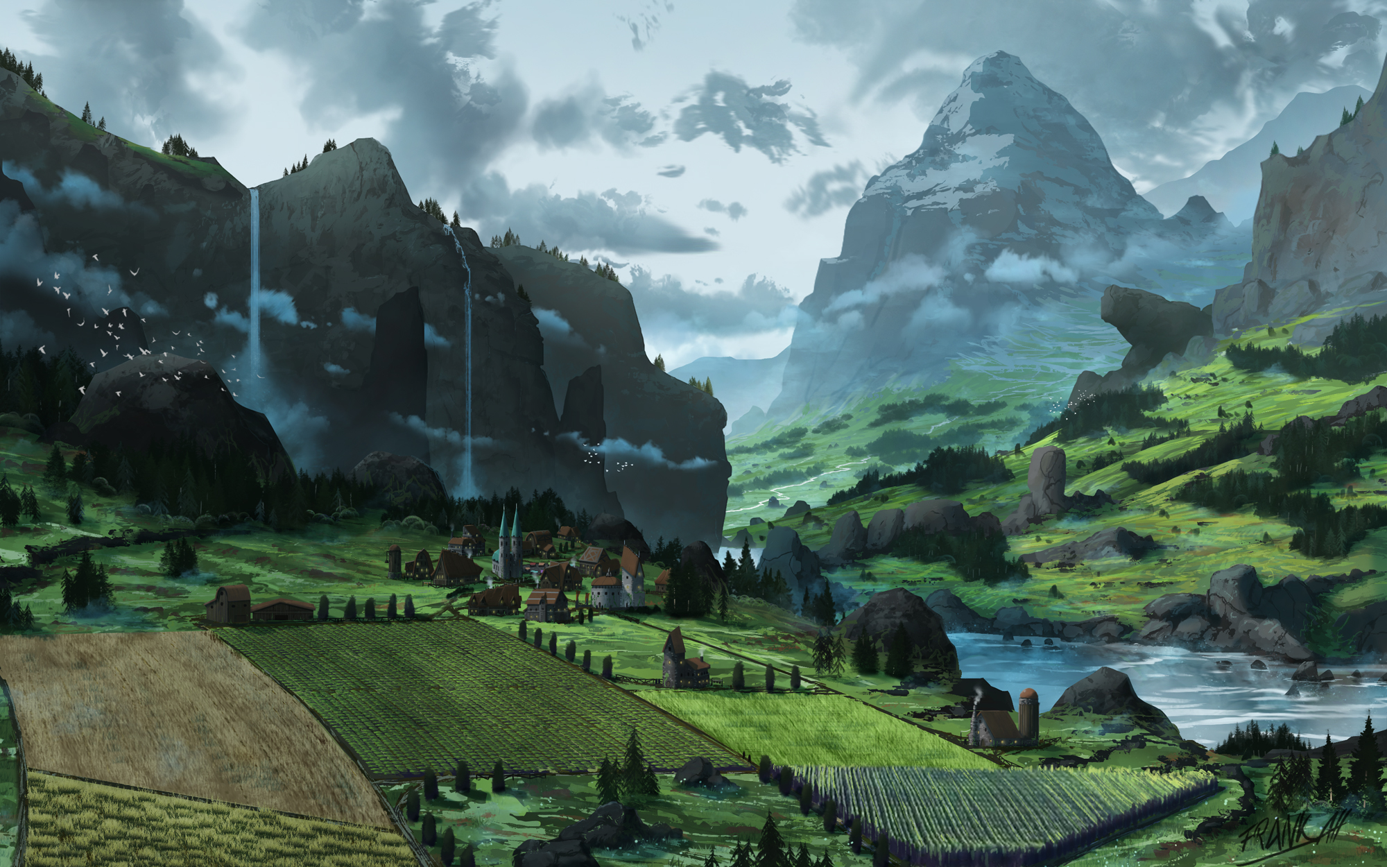 General 2000x1250 village fantasy art artwork landscape field mountains