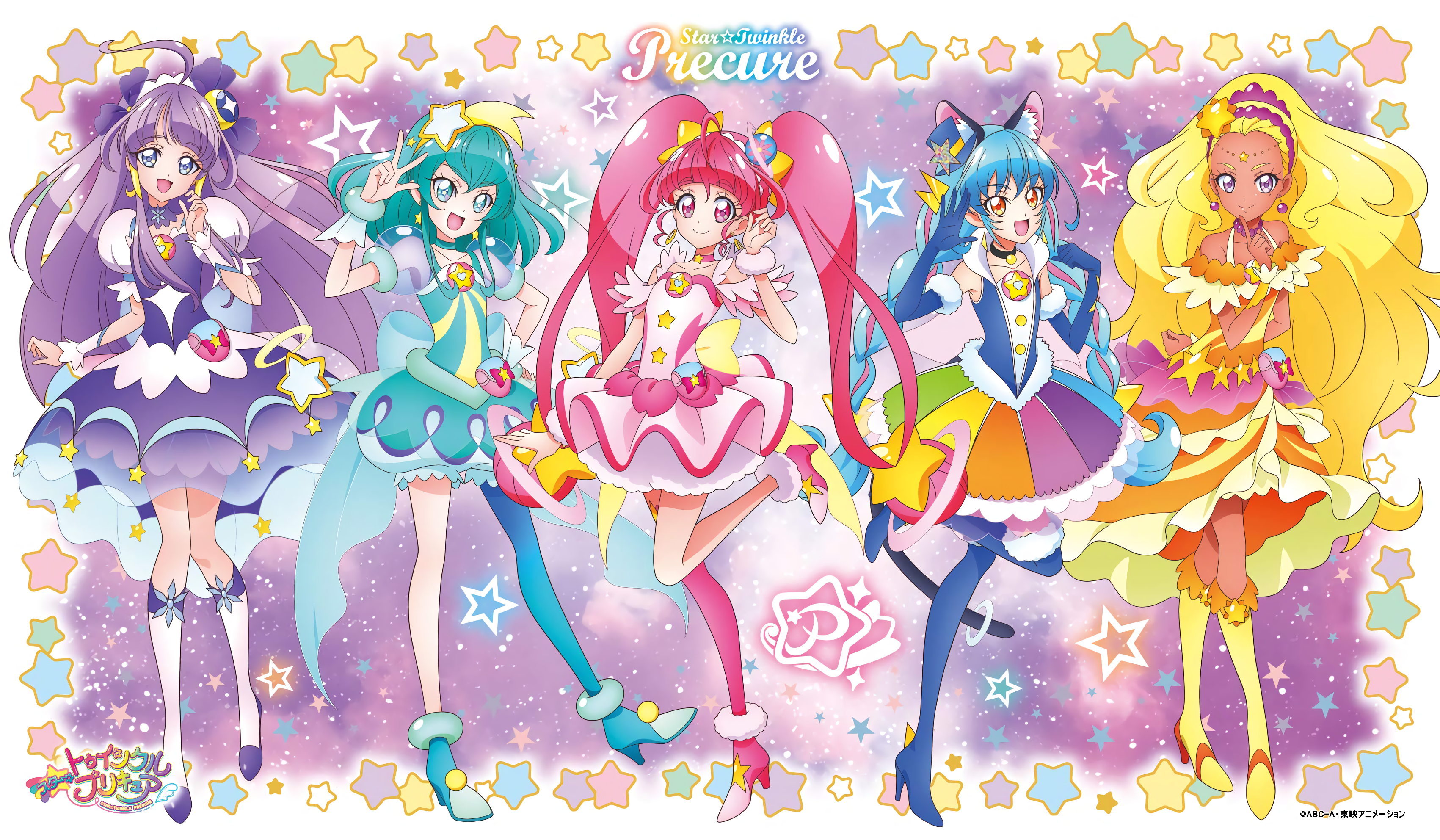 Anime 3402x1984 Pretty Cure Star Twinkle Precure colorful anime anime girls dress magical girls pointy ears thighboots thigh-highs purple hair purple eyes cyan hair aqua eyes pink hair pink eyes blue hair yellow eyes blonde dark skin small boobs stars line-up armpits looking at viewer