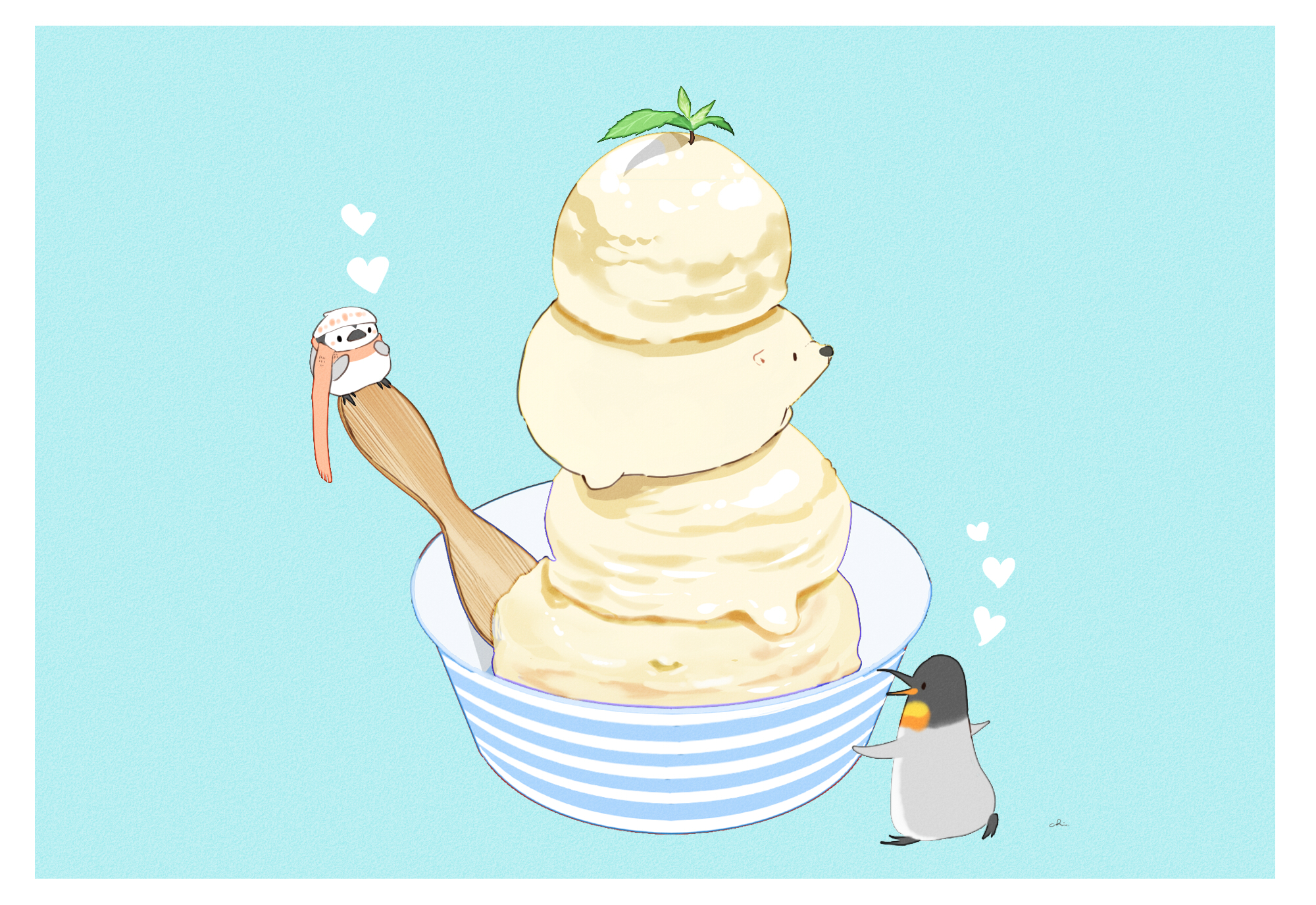 Anime 2000x1375 original characters Drawingchisanne simple background food digital art penguins heart