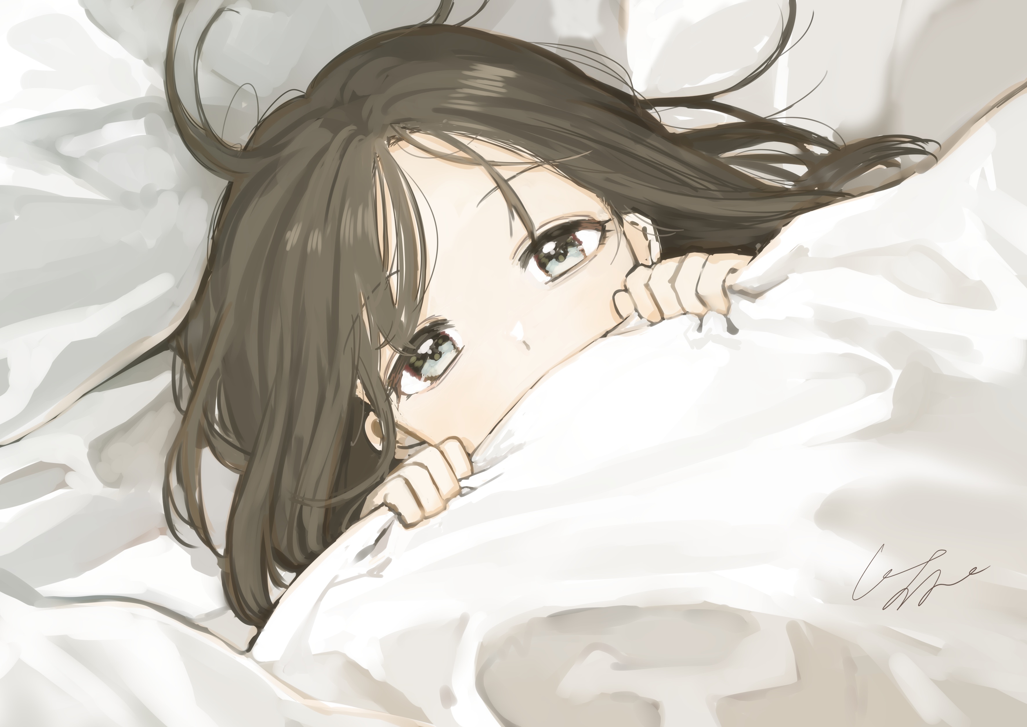 Anime 3541x2508 anime girls bed brunette anime blankets Pomu