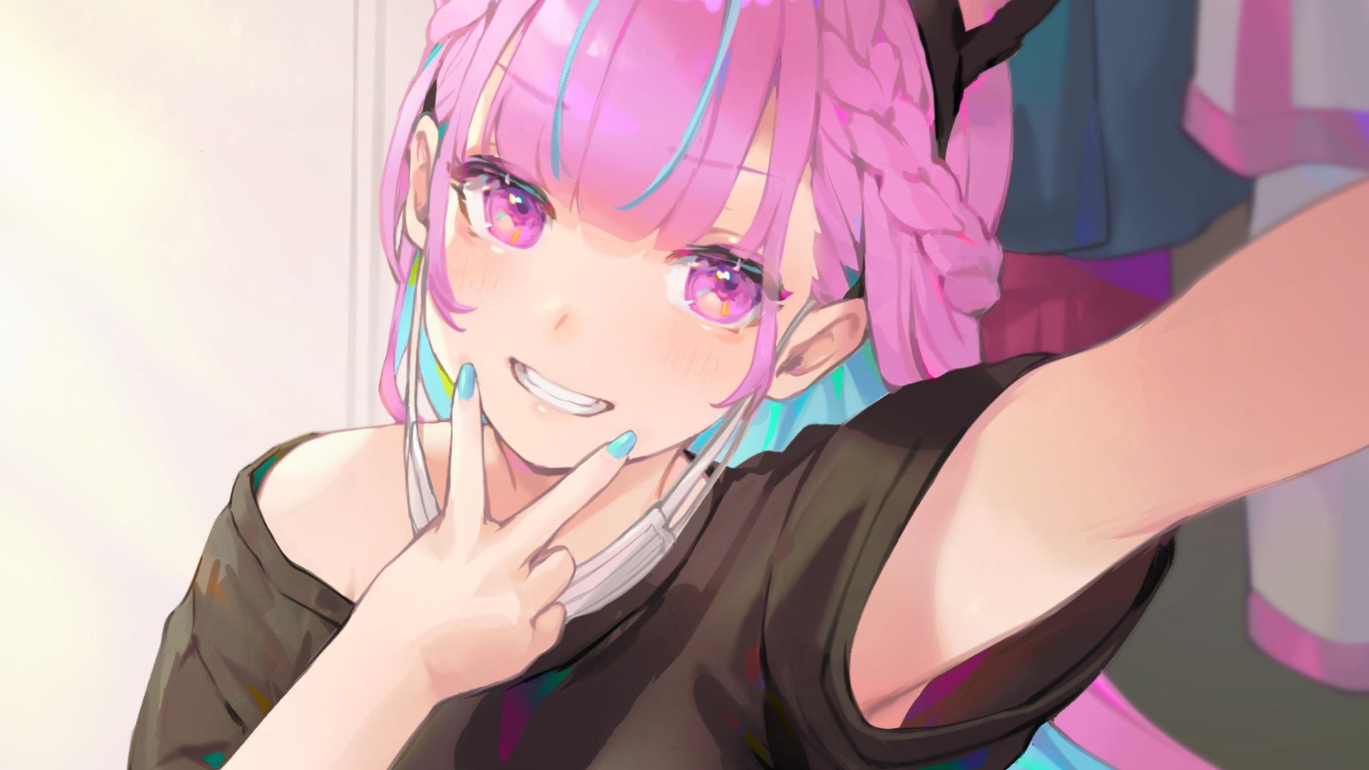 Anime 1920x1080 anime girls pink hair Minato Aqua Hololive Virtual Youtuber anime smiling selfies T-shirt