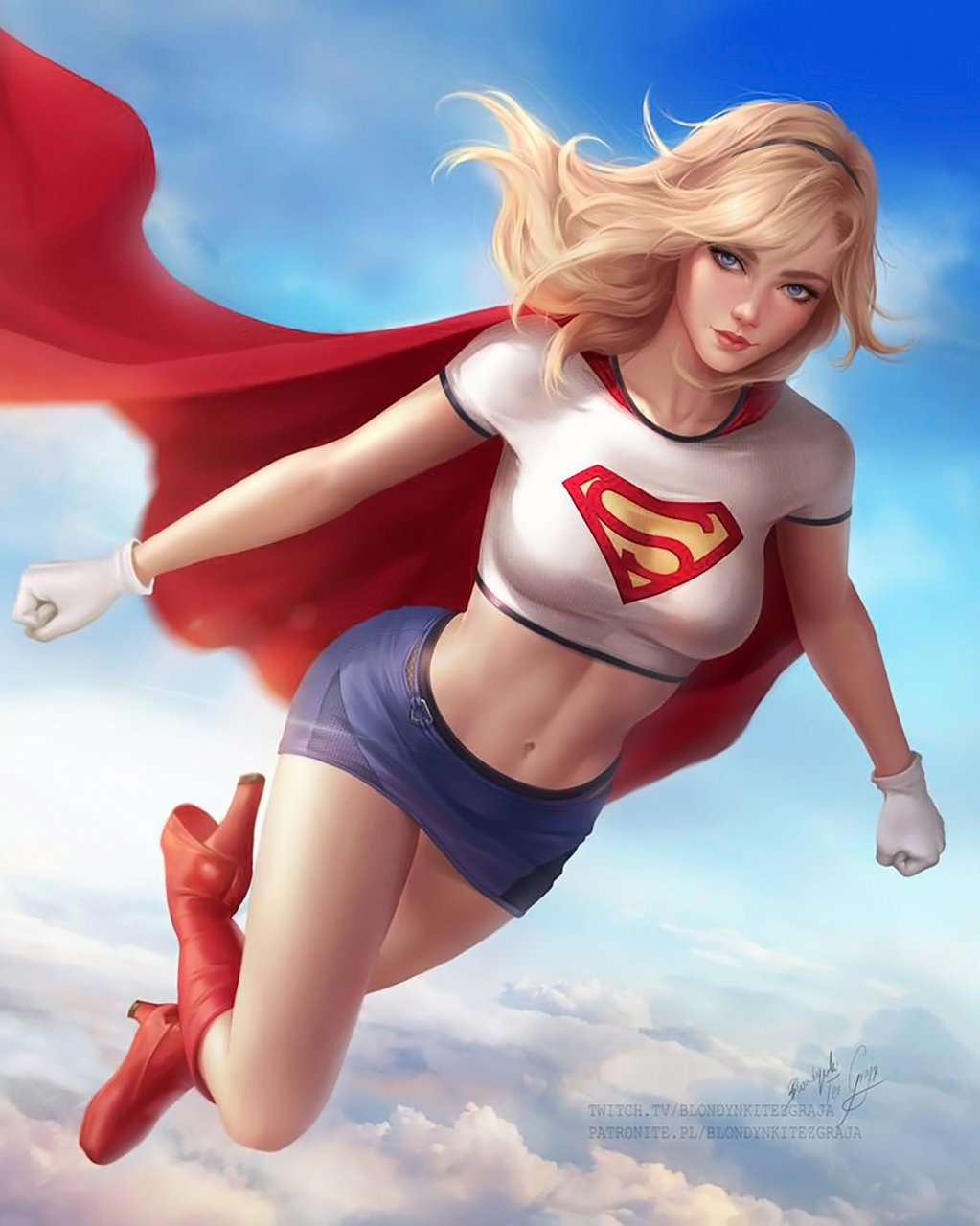 General 1023x1280 Blondynki Tez Graja drawing DC Comics women Supergirl flying blonde cape high heels gloves sky blue eyes clouds abs red boots blue skirt white gloves