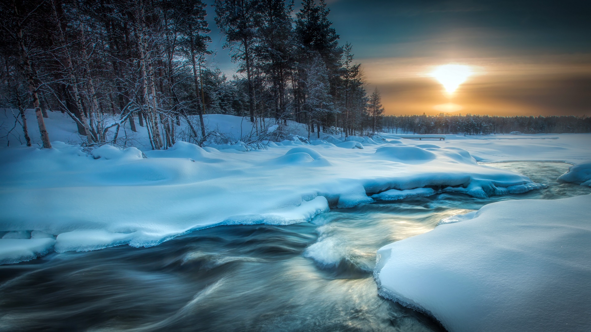 General 1920x1080 cold water winter Sun snow ice trees nature forest long exposure