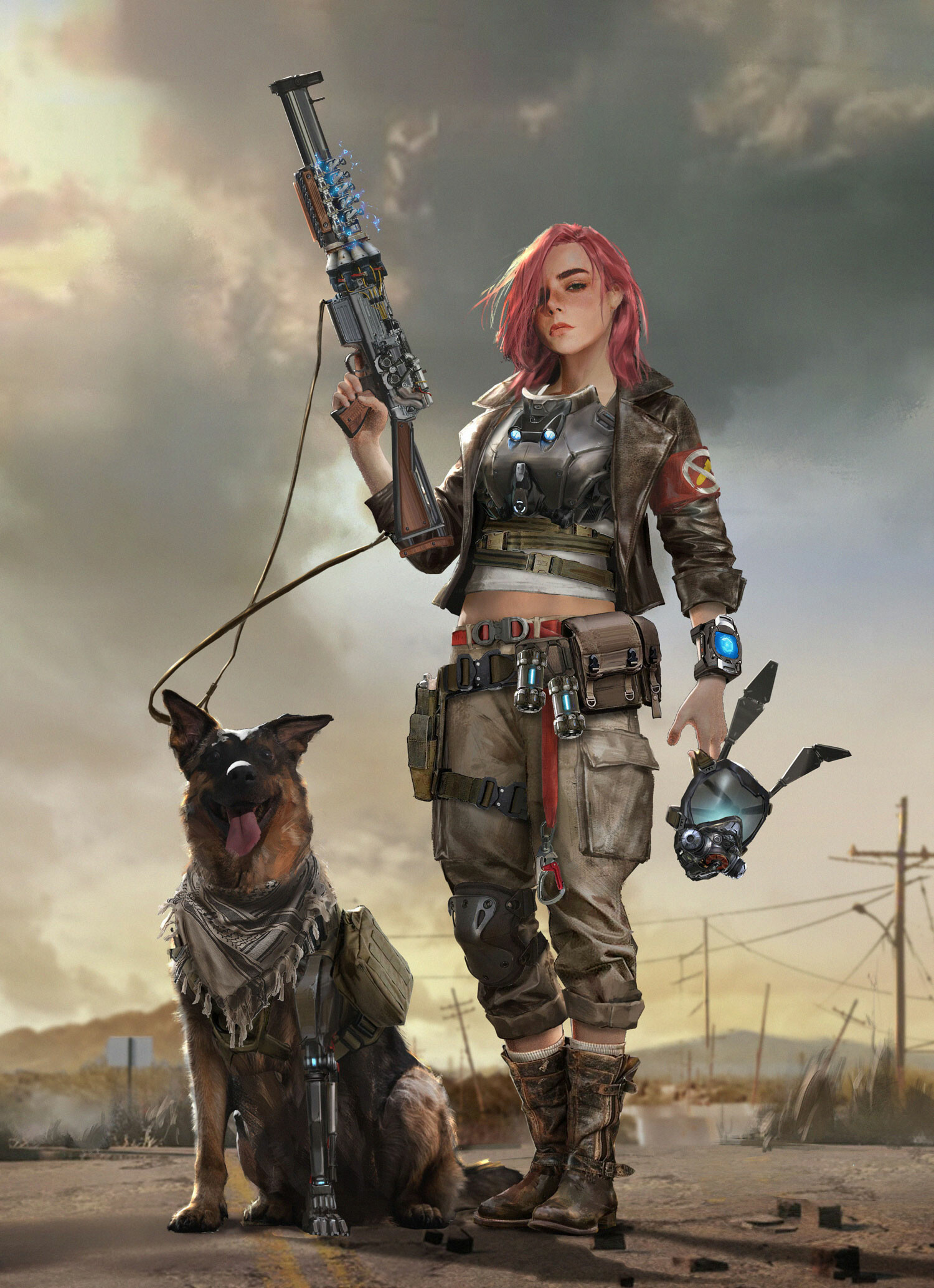 General 1500x2068 portrait display fictional character original characters simple background post apocalypse dog weapon redhead Ningbo Jiang