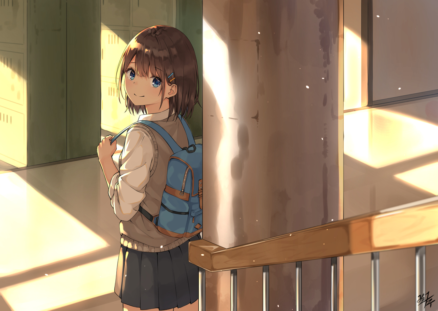 Anime 1784x1268 anime girls anime digital art artwork 2D portrait Miko fly school uniform backpacks short hair brunette blue eyes looking back smiling