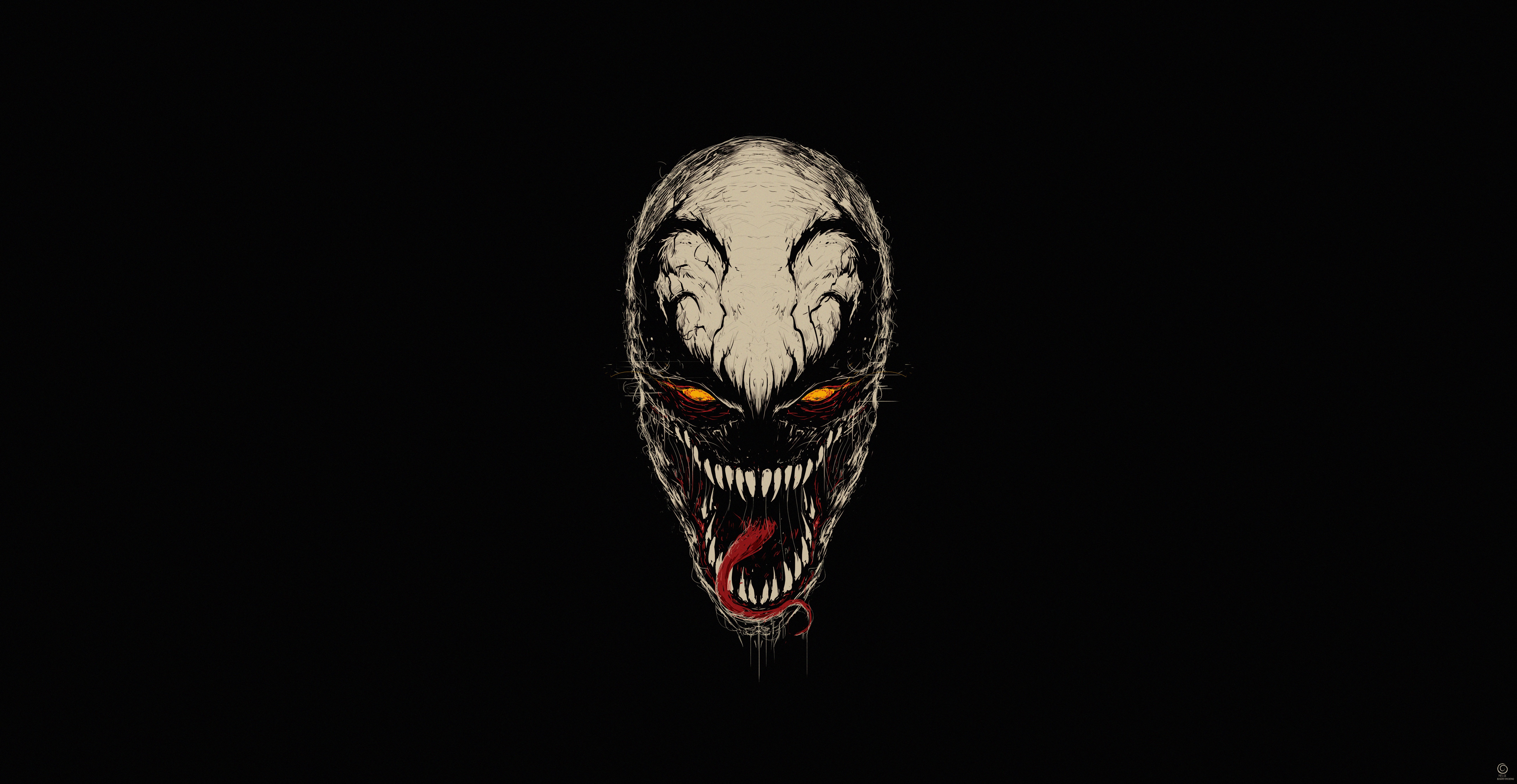 General 5220x2700 artwork Venom creature glowing eyes simple background Anti-Venom black black background Marvel Comics tongues watermarked pointy teeth