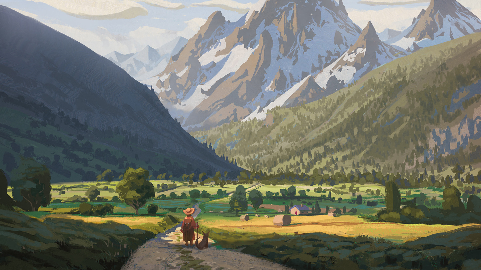 Anime 1920x1080 anime mountains landscape canyon snow covered dog