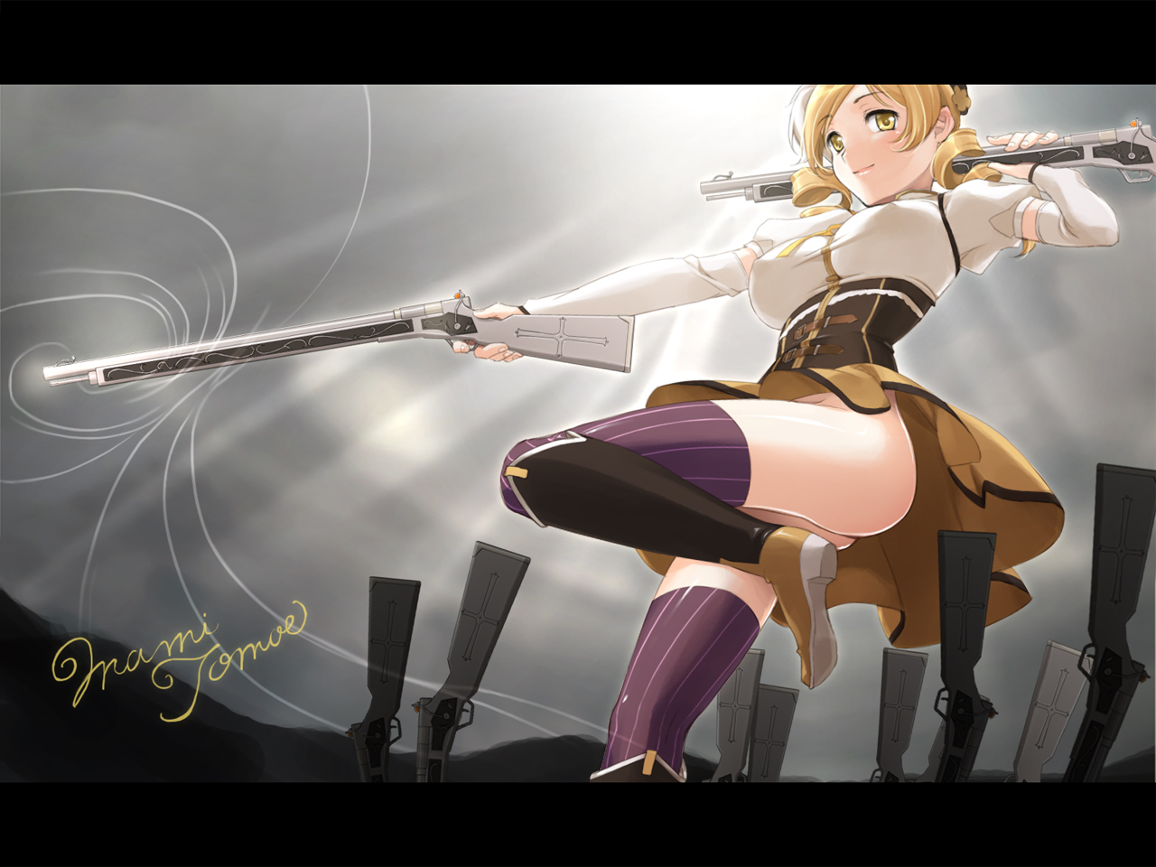 Anime 1280x960 Mahou Shoujo Madoka Magica gun anime anime girls blonde rifles legs stockings dual wield