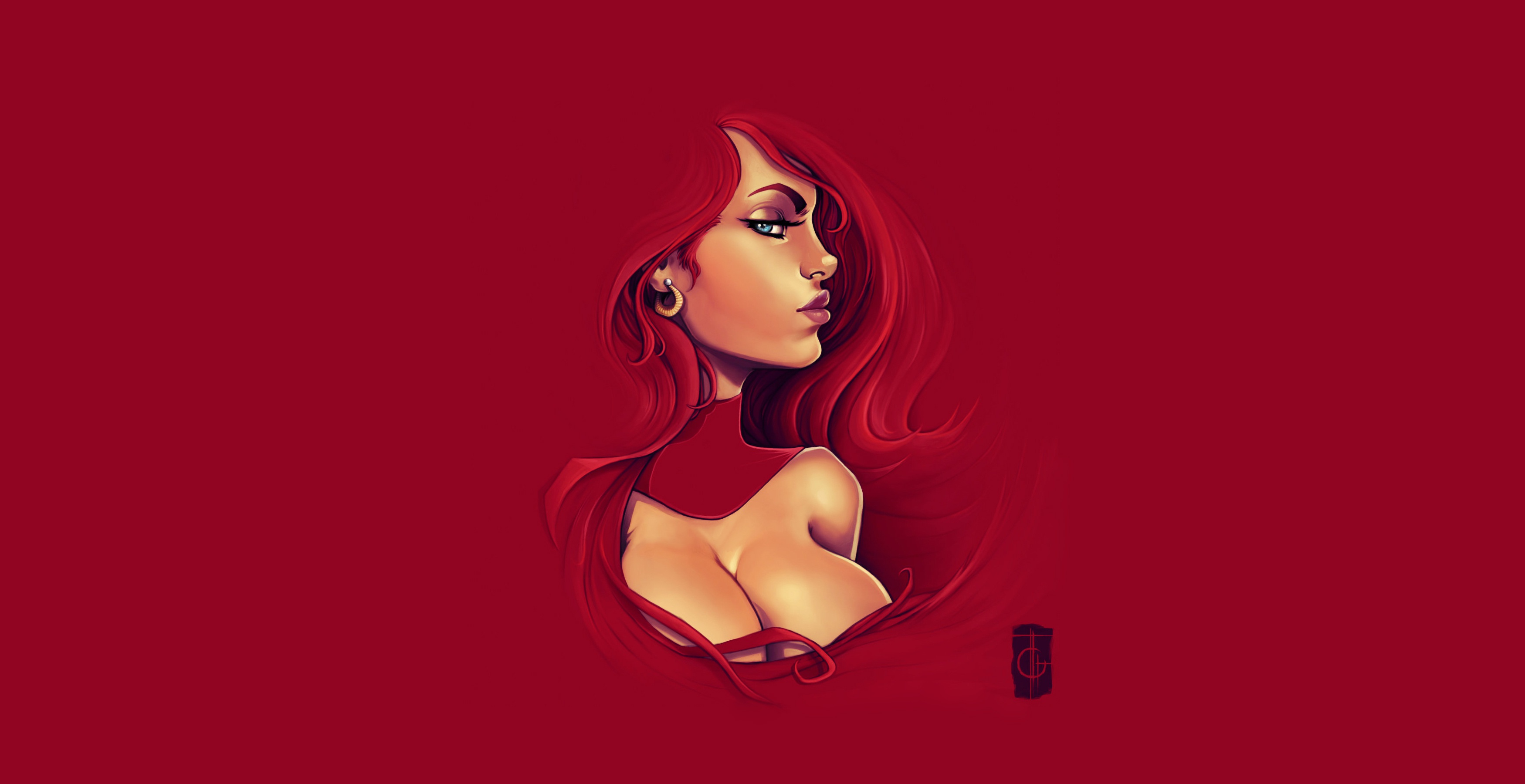 General 3500x1800 women artwork big boobs redhead face profile simple background red background
