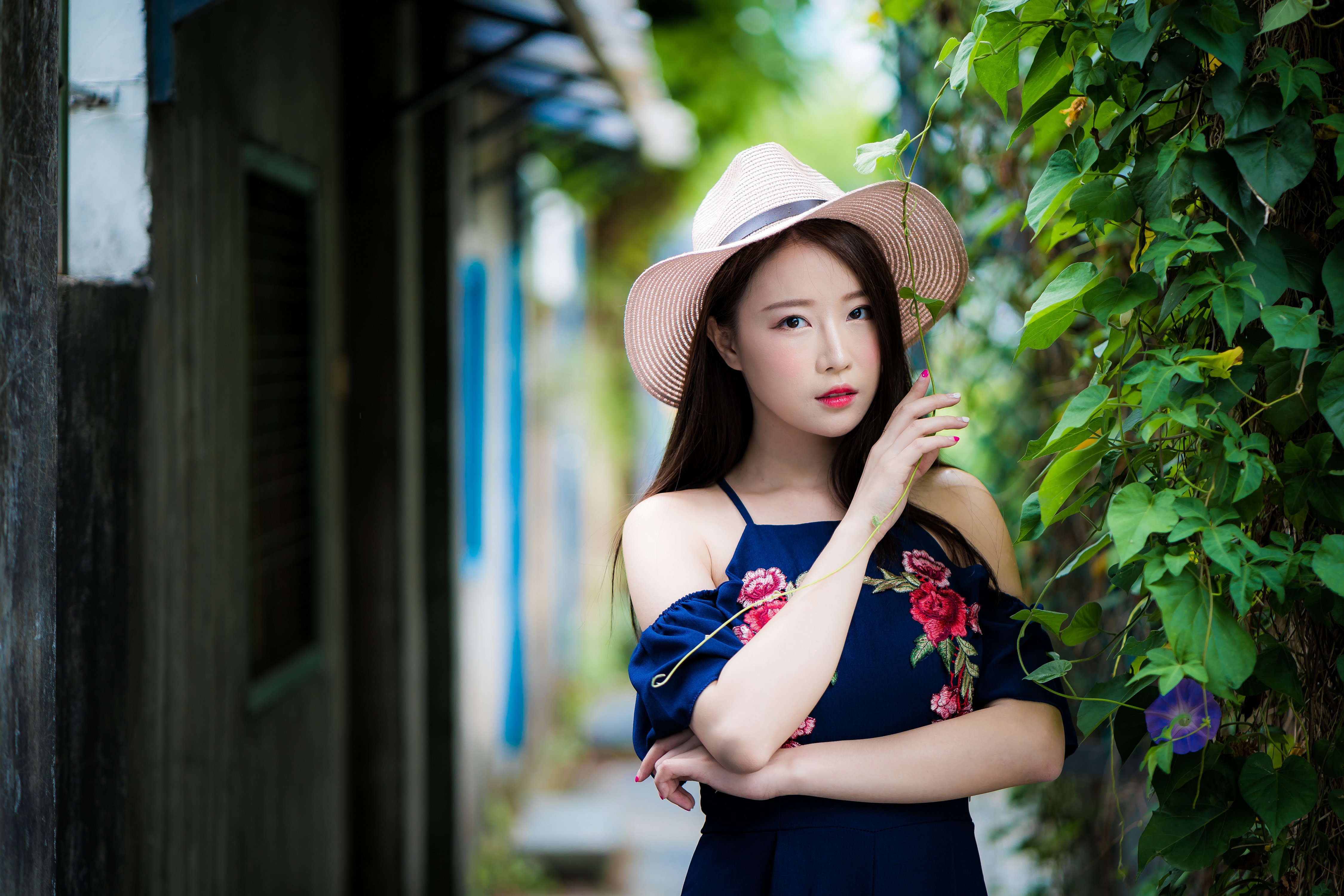 People 4500x3001 women model Asian brunette portrait outdoors depth of field bokeh looking at viewer women with hats dress bare shoulders arms crossed painted nails leaves plants women outdoors