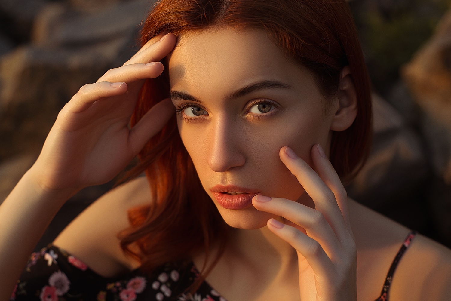People 1500x1001 women model redhead looking at viewer face touching face bokeh hands outdoors portrait women outdoors Dmitry Begma