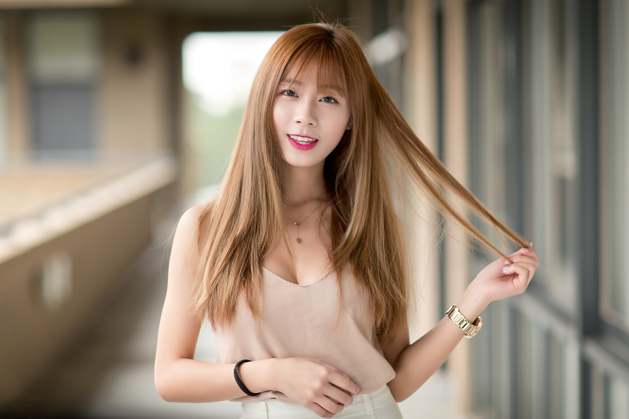 People 2048x1364 Asian women portrait long hair model face redhead hair pulling brown tops women outdoors purple lipstick smiling