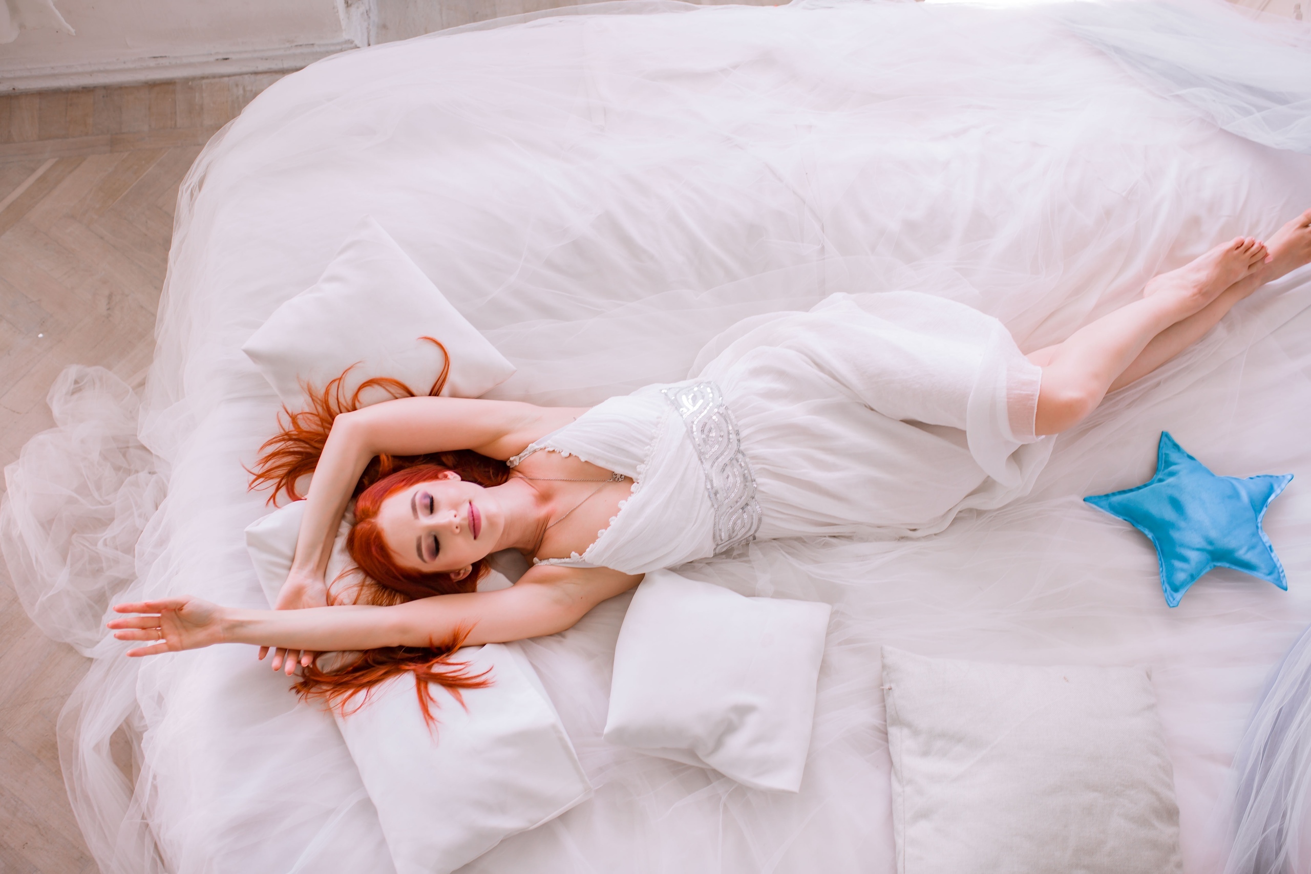 People 2560x1707 women model redhead indoors closed eyes smiling necklace dress white dress pillow in bed lying on back top view bed women indoors
