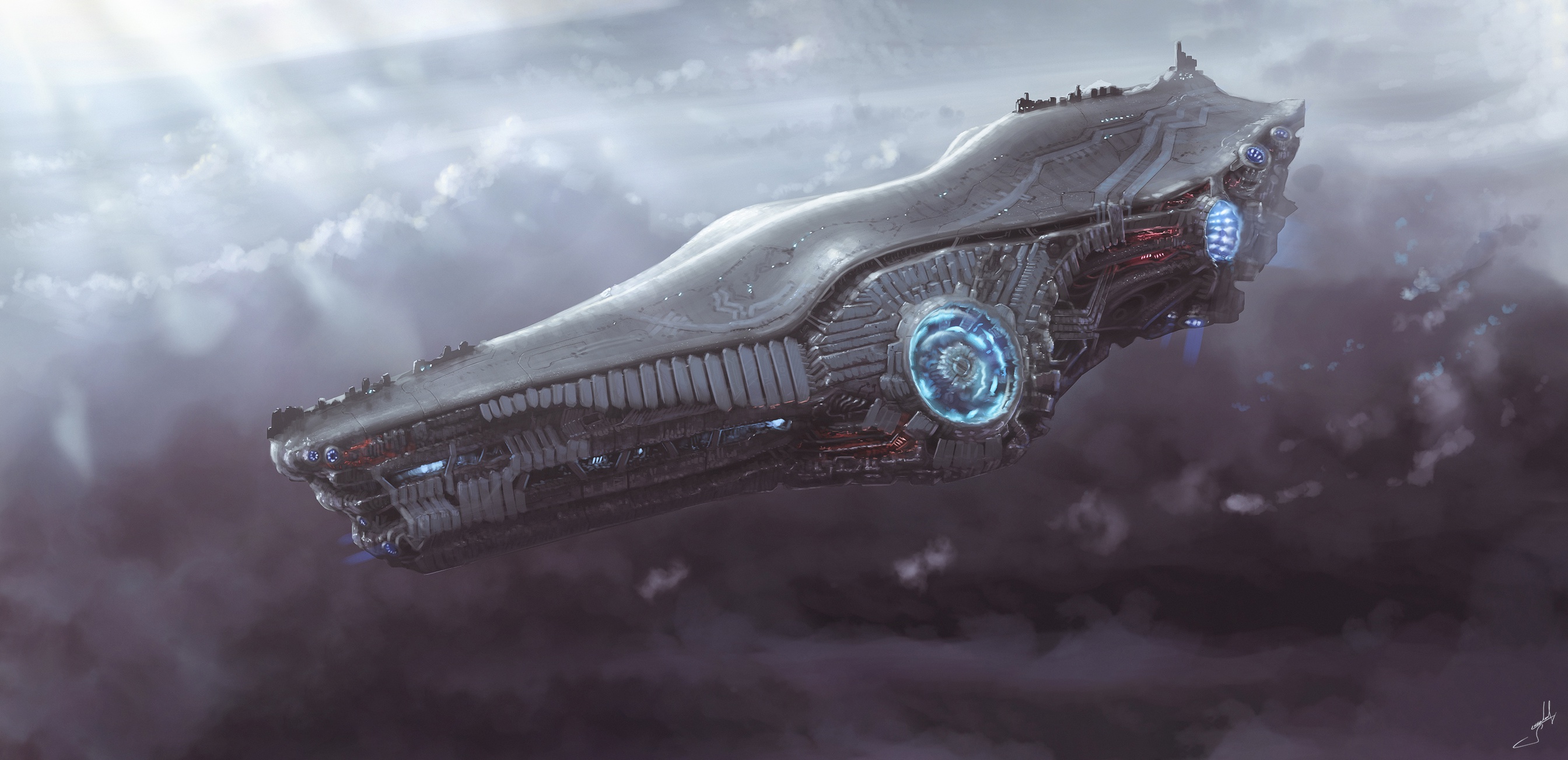 General 2688x1302 spaceship vehicle Dmitrii Ustinov science fiction artwork