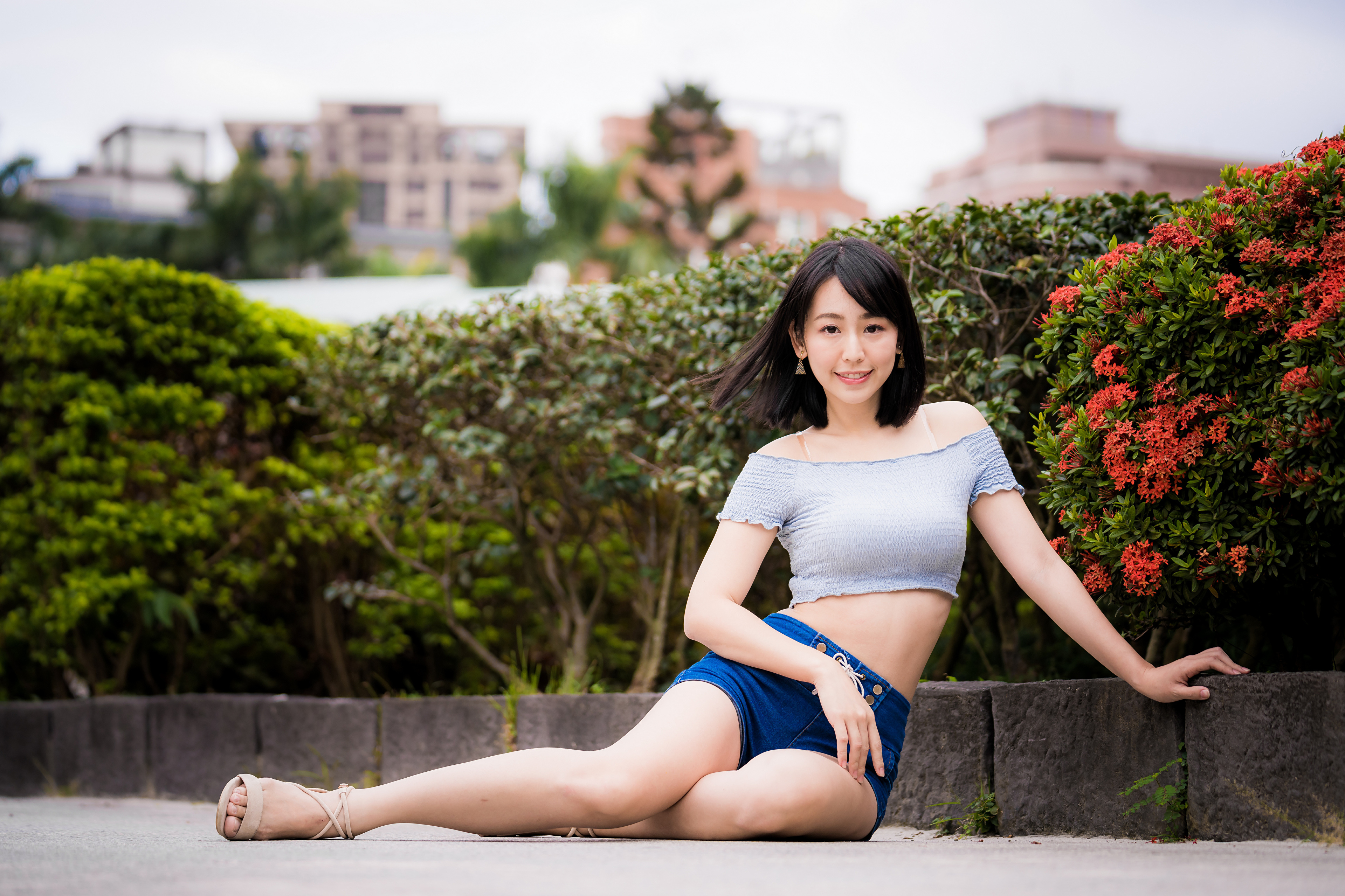 People 3840x2559 Asian model women long hair brunette sitting short tops jeans bushes barefoot sandal depth of field shorts