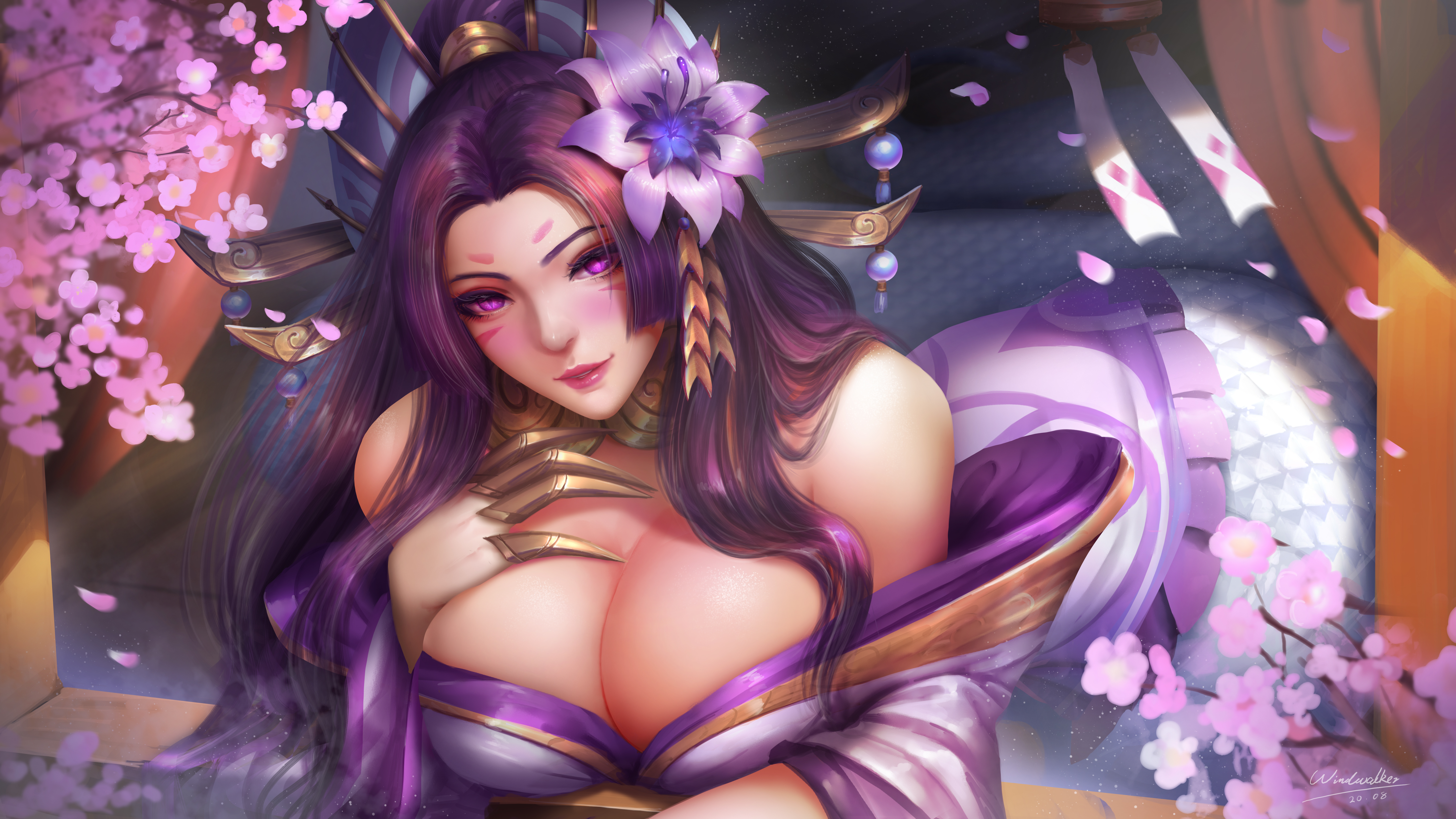 General 5476x3080 illustration artwork digital art fan art drawing Windwalker Ture long hair purple hair Cassiopeia (League of Legends) Cassiopeia spirit blossom video games video game girls video game characters cleavage women looking at viewer huge breasts