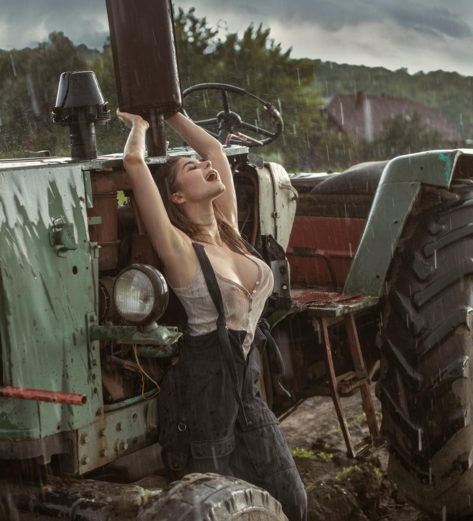 People 1585x1745 David Dubnitskiy model women ksenia lugovskaya rain brunette open mouth arms up armpits open clothes boobs cleavage suspenders wet body water drops tractors farm women outdoors Women with Tractors