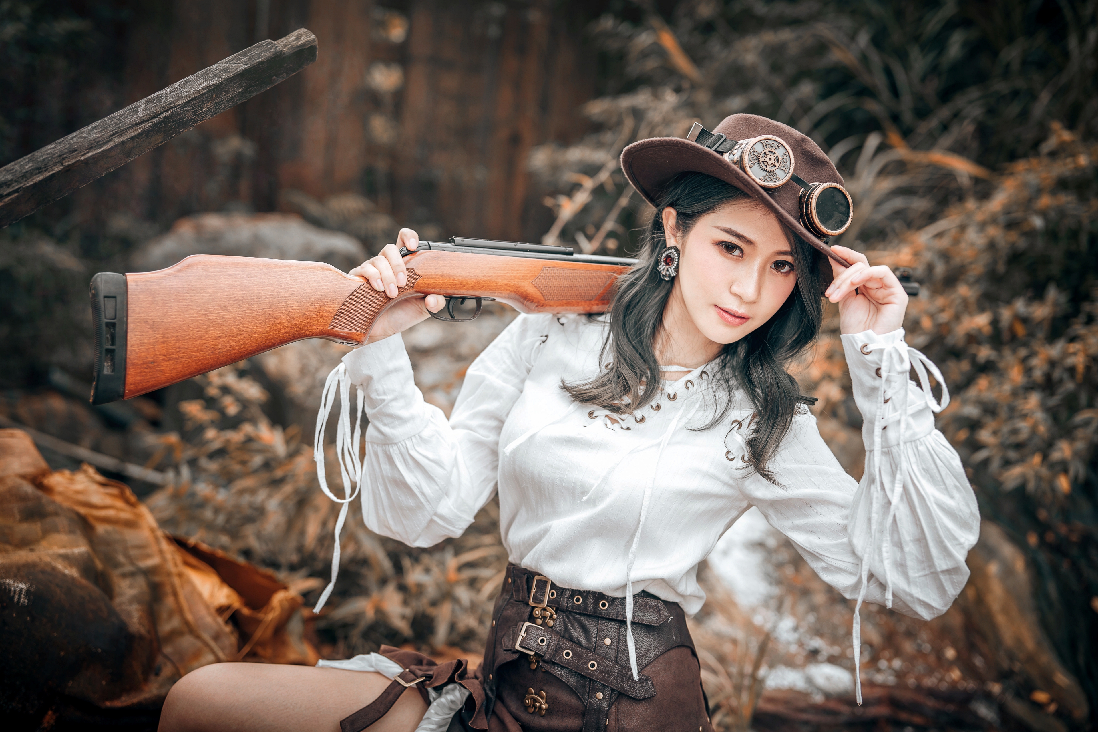 People 3840x2560 Lin Jiayi women model Asian brunette looking at viewer cosplay women with hats portrait shirt depth of field goggles rifles weapon outdoors women outdoors parted lips steampunk girl steampunk Chinese