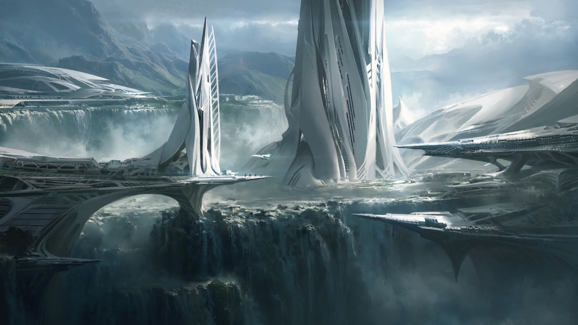 General 1920x1080 artwork science fiction fantasy art mountains fantasy city clouds waterfall