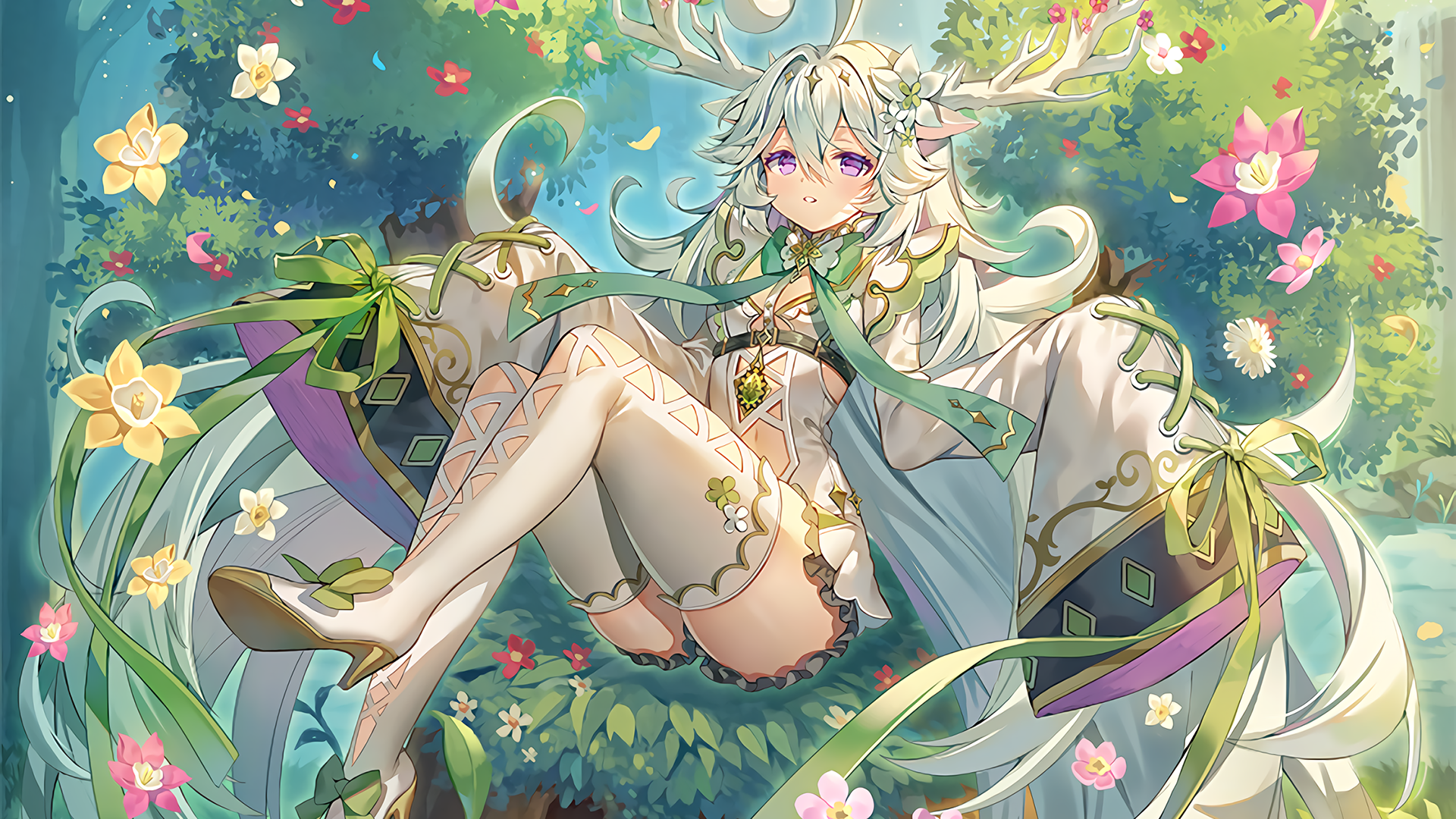 Anime 1920x1080 purple eyes long hair forest trees horns animal ears thigh-highs anime thick thigh