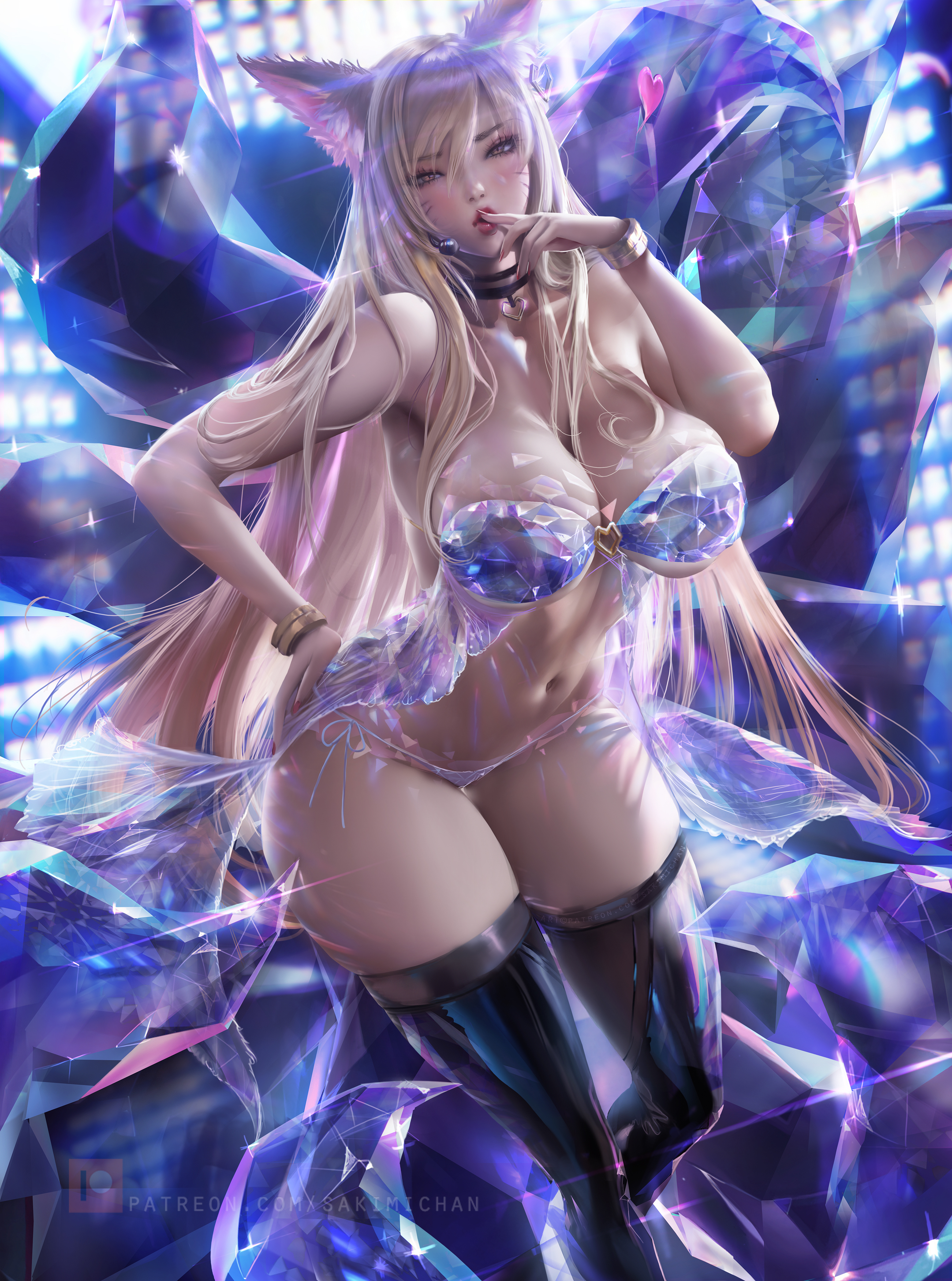 General 2601x3500 Ahri (League of Legends) League of Legends K/DA video games blonde long hair fantasy girl fox girl fox ears looking sideways yellow eyes choker cleavage babydolls underwear panties belly thick thigh thigh-highs curvy portrait display drawing fan art Sakimichan PC gaming video game art video game girls boobs big boobs huge breasts looking at viewer fantasy art animal ears video game characters