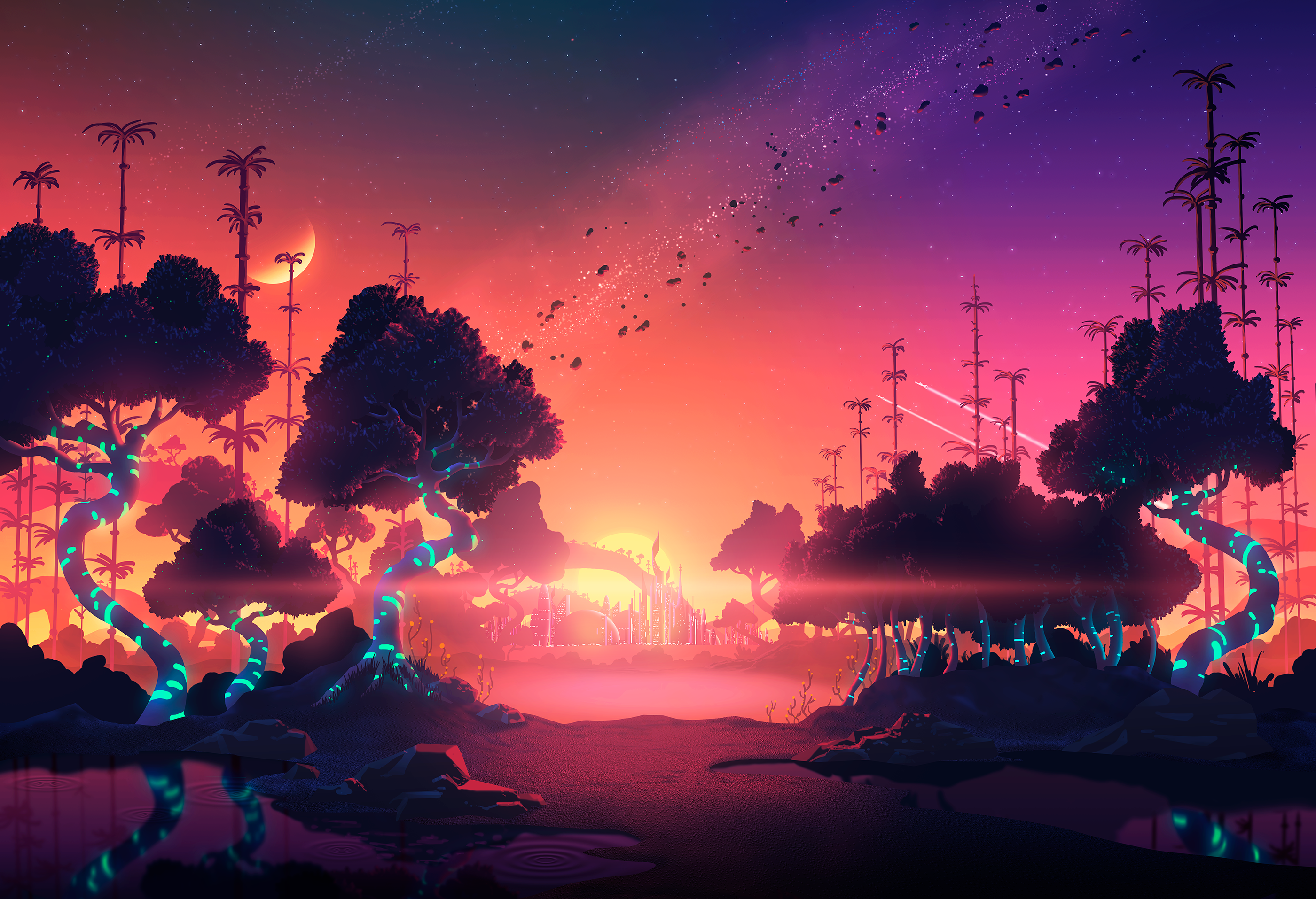General 2800x1914 Aaron Campbell digital art sunset trees Moon planes stars science fiction