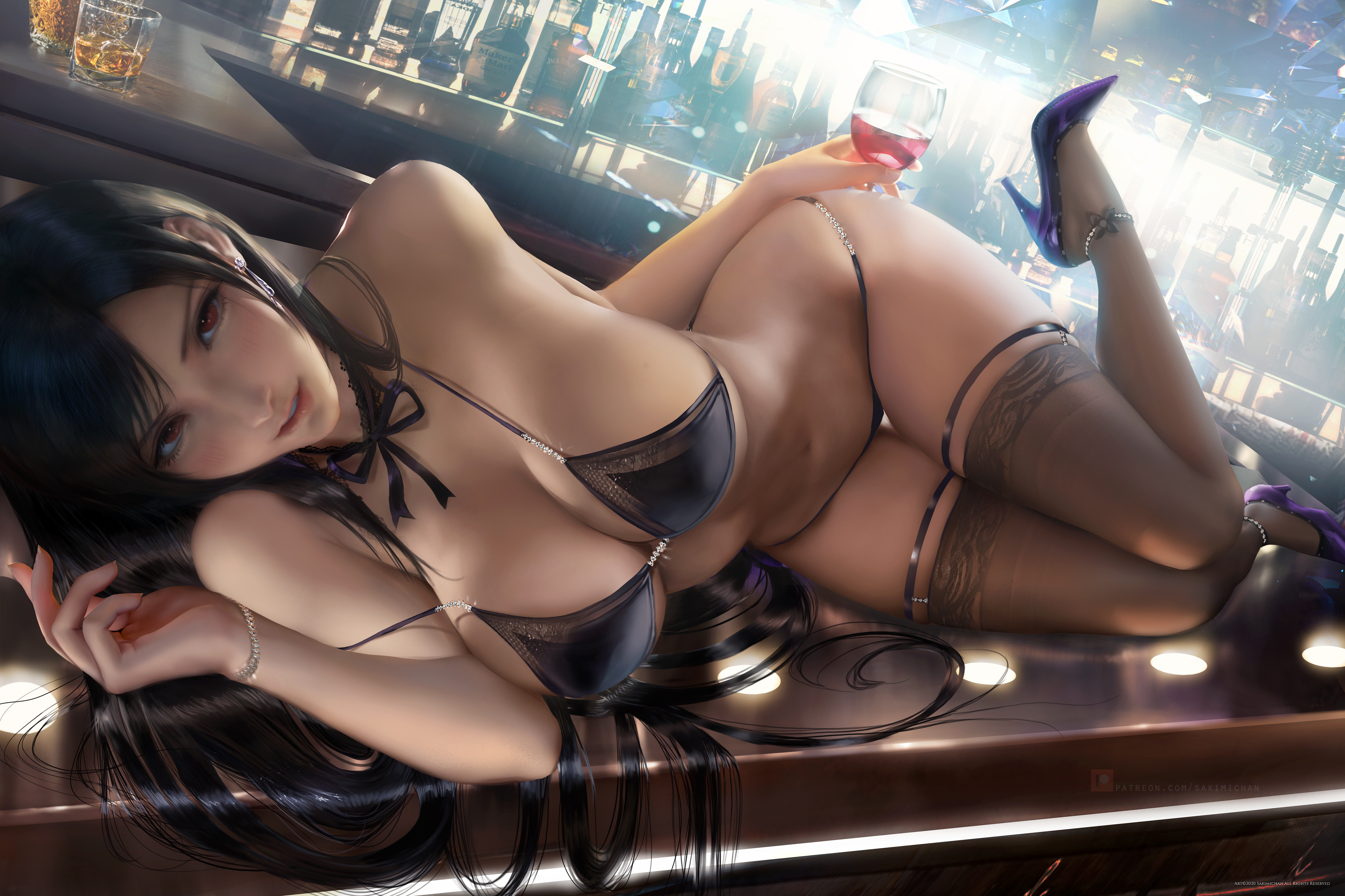 General 3800x2533 Sakimichan digital art Tifa Lockhart Final Fantasy Final Fantasy VII illustration lingerie video games video game characters video game girls brunette long hair cleavage looking at viewer thigh-highs high heels glass red eyes belly legs